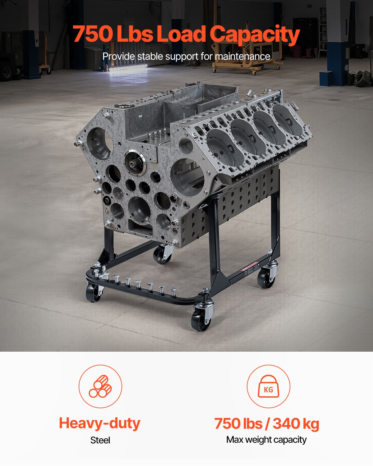 VEVOR U-vormige motorstandaard, motorlift (340 kg draagvermogen), robuuste stalen motorbevestiging met 4 zwenkwielen en 4 haakposities, geschikt voor BB-CHEVY en GEN-1 SB-CHEVY motoren