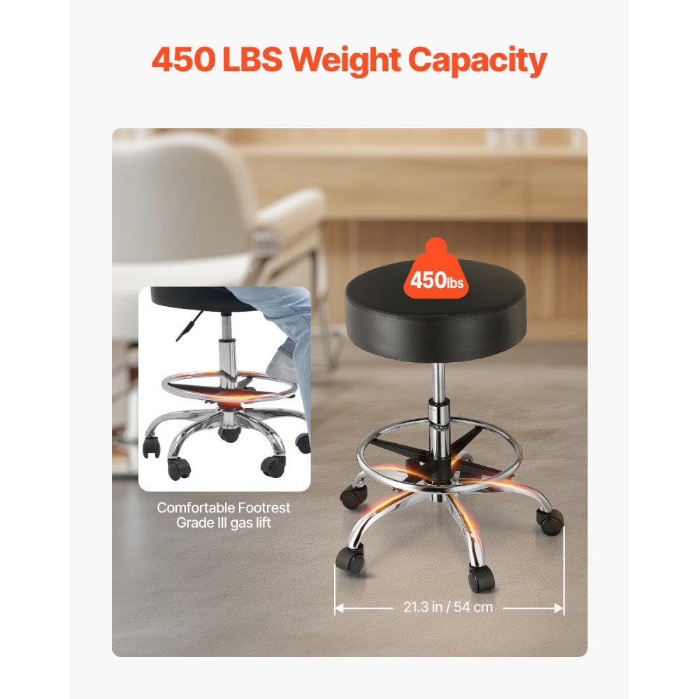 VEVOR Rolling Stool with Foot Rest and Wheels, 450 LBS Weight Capacity Round Rolling Stool Chair, Height Adjustable Thickened PU Leather Swivel Stool for Salon, Spa, Massage, Tattoo, Clinic, Black
