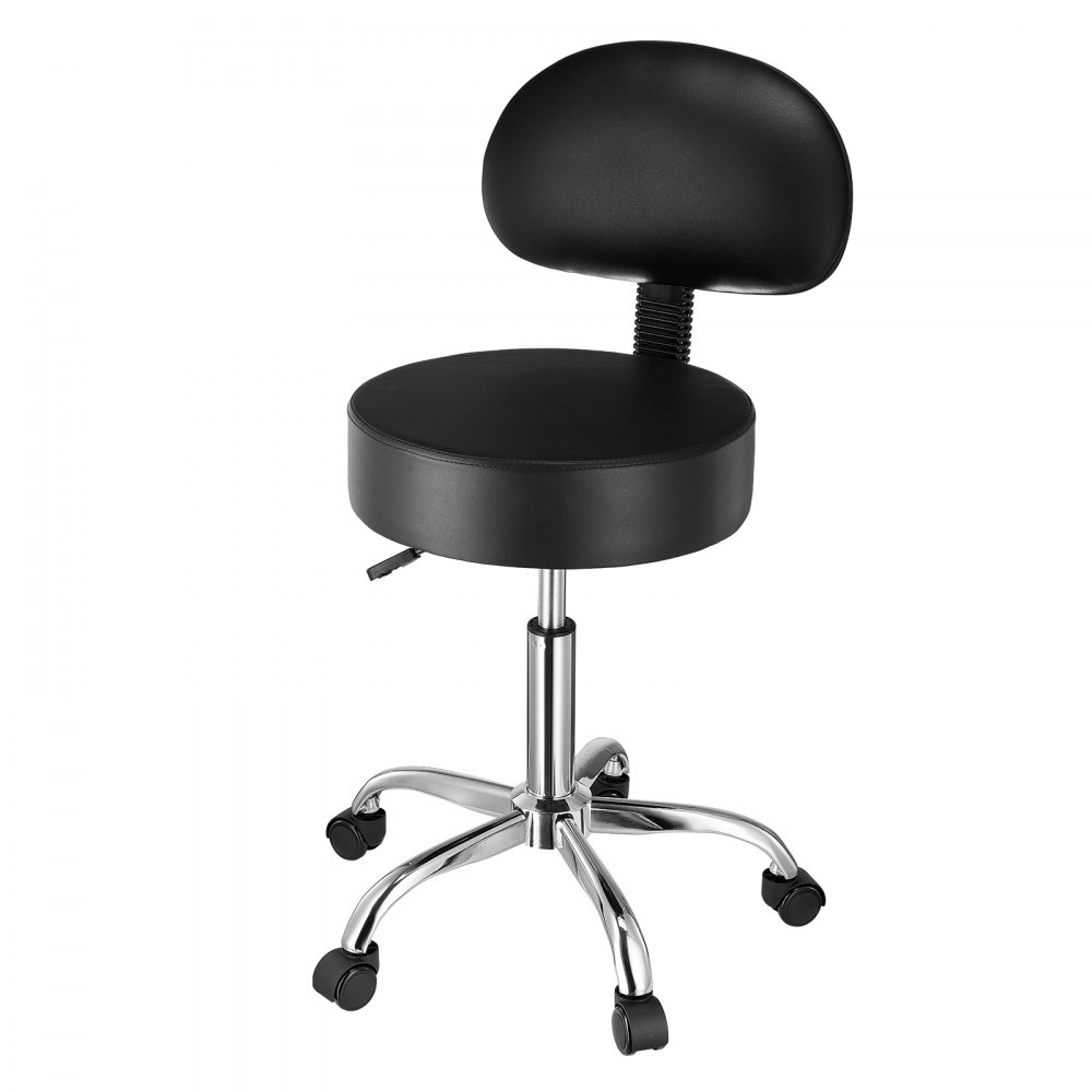 VEVOR Rolling Stool with Back Support and Wheels, 450 LBS Weight Capacity Round Rolling Stool Chair, Height Adjustable Thickened PU Leather Swivel Stool for Salon, Spa, Massage, Tattoo, Clinic, Black