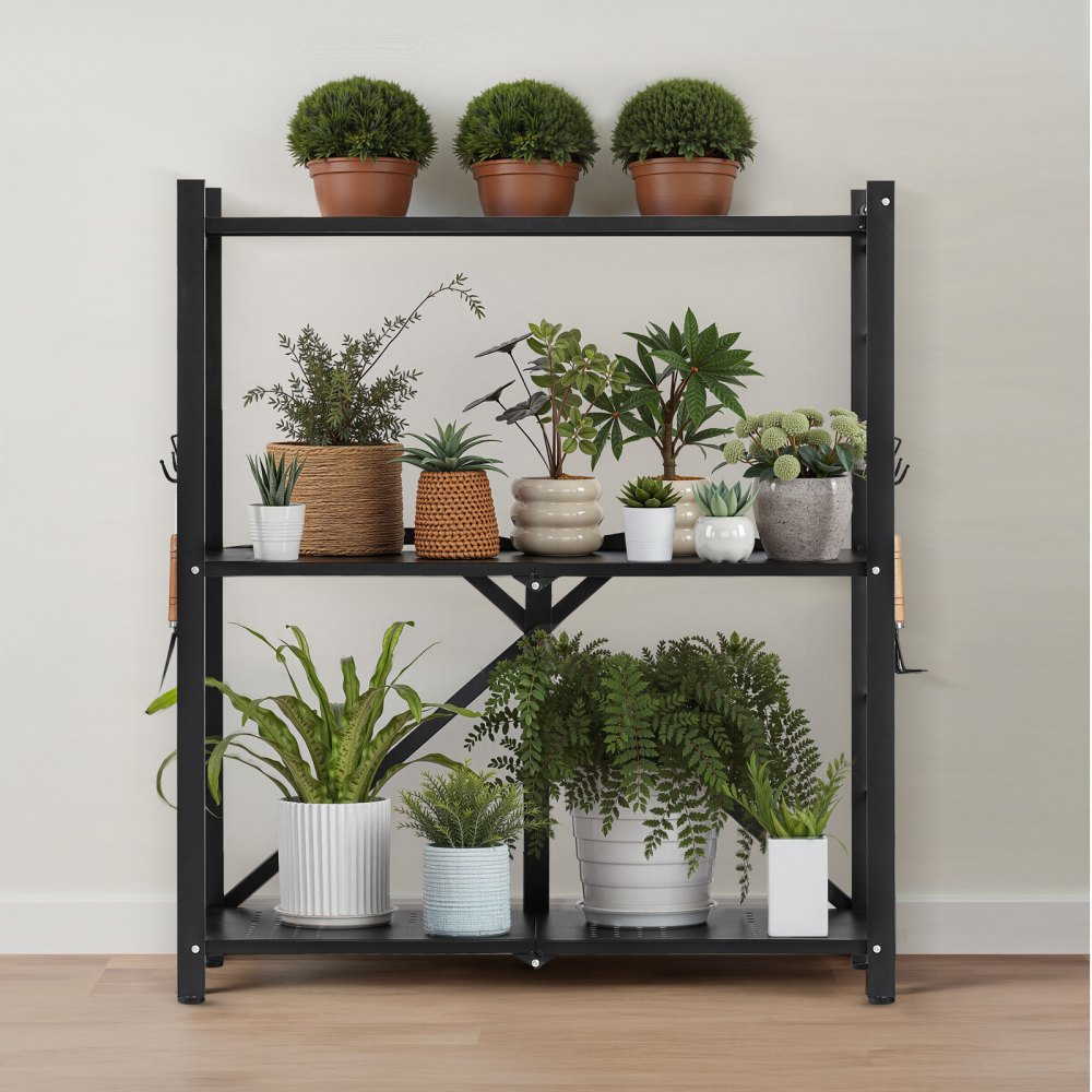 VEVOR 3-Tier Foldable Storage Shelf, 30W x 13D x 36H Inch Folding Metal Rack Shelving Unit, No Assembly Organizer Shelf with 5 Wheels & 4 Hooks for Pantry, Kitchen, Garage, Basement, Black