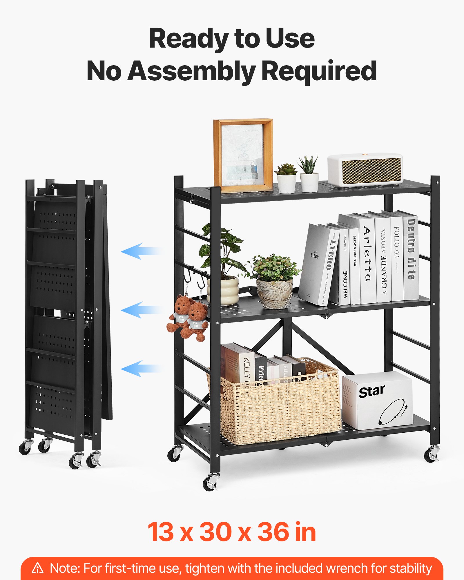 VEVOR 3-Tier Foldable Storage Shelf, 30W x 13D x 36H Inch Folding Metal Rack Shelving Unit, No Assembly Organizer Shelf with 5 Wheels & 4 Hooks for Pantry, Kitchen, Garage, Basement, Black