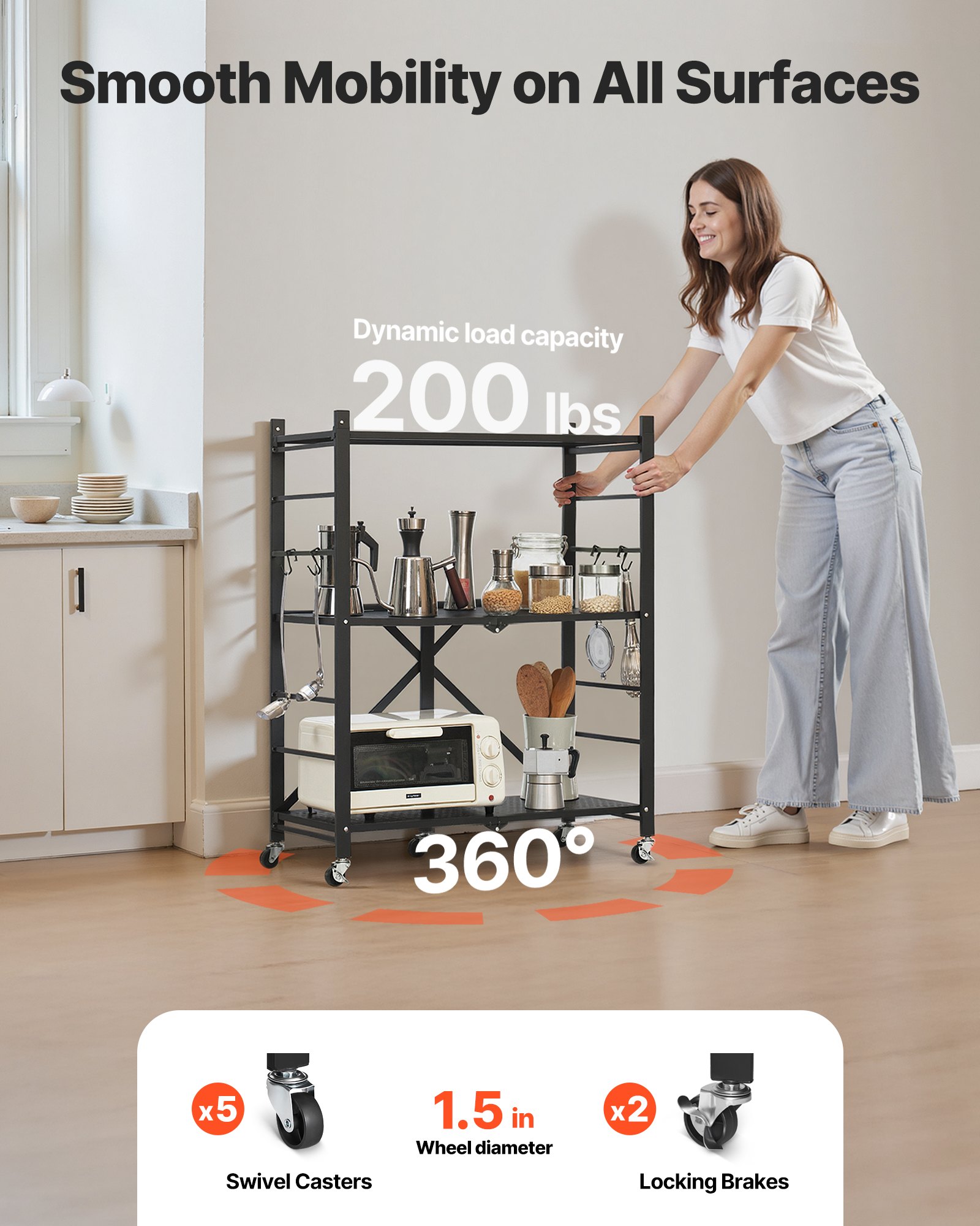 VEVOR 3-Tier Foldable Storage Shelf, 30W x 13D x 36H Inch Folding Metal Rack Shelving Unit, No Assembly Organizer Shelf with 5 Wheels & 4 Hooks for Pantry, Kitchen, Garage, Basement, Black