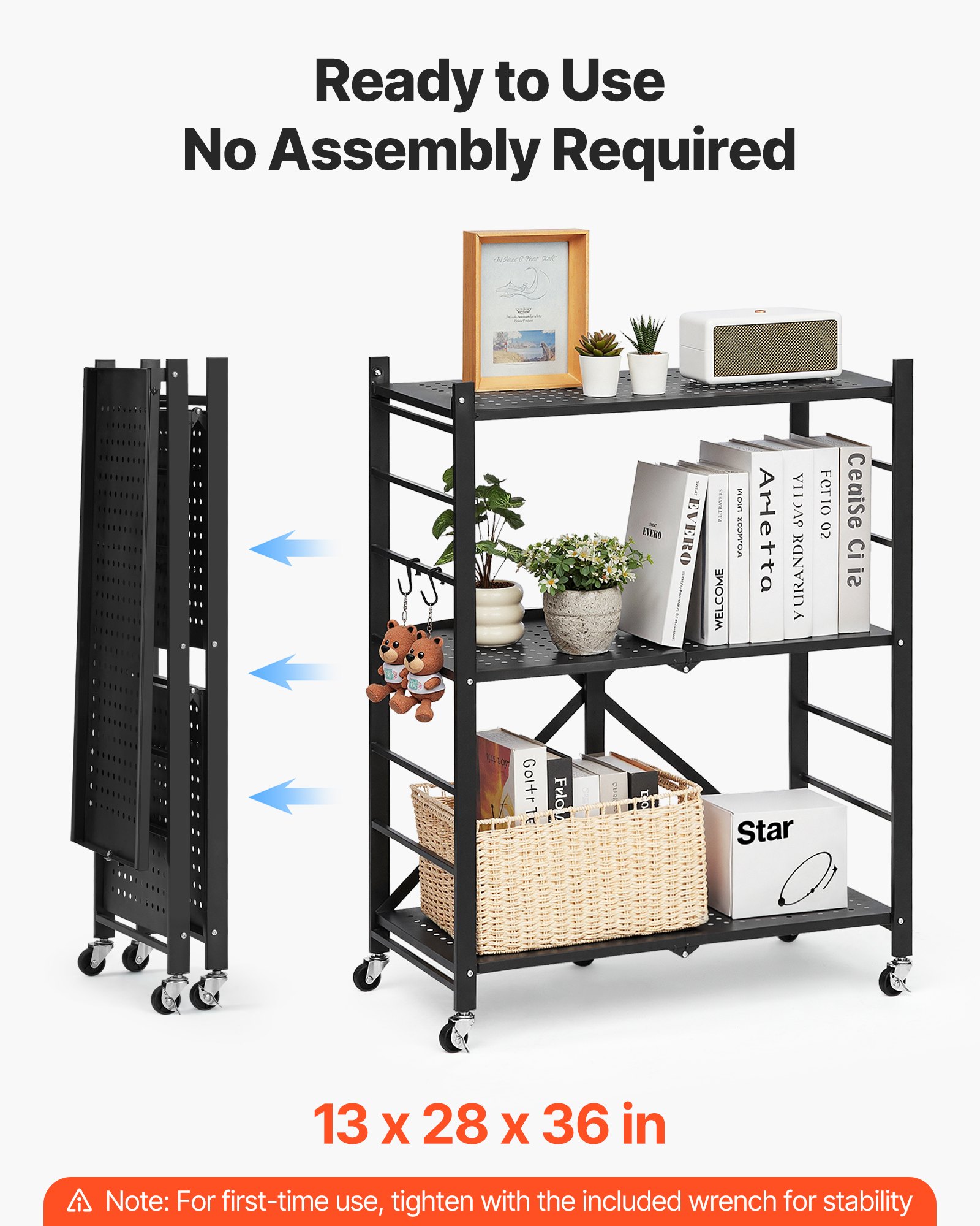 VEVOR 3-Tier Foldable Storage Shelf, 28W x 13D x 36H Inch Folding Metal Rack Shelving Unit, No Assembly Organizer Shelf with 5 Wheels & 4 Hooks for Pantry, Kitchen, Garage, Basement, Black
