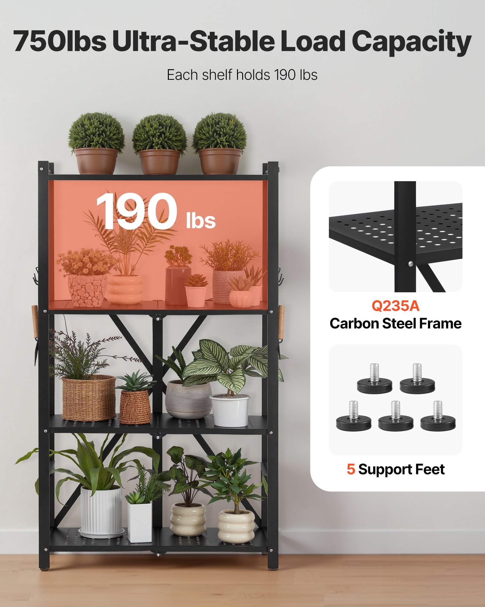 VEVOR 4-Tier Foldable Storage Shelf, 26W x 13D x 46H Inch Folding Metal Rack Shelving Unit, No Assembly Organizer Shelf with 5 Wheels & 4 Hooks for Pantry, Kitchen, Garage, Basement, Black