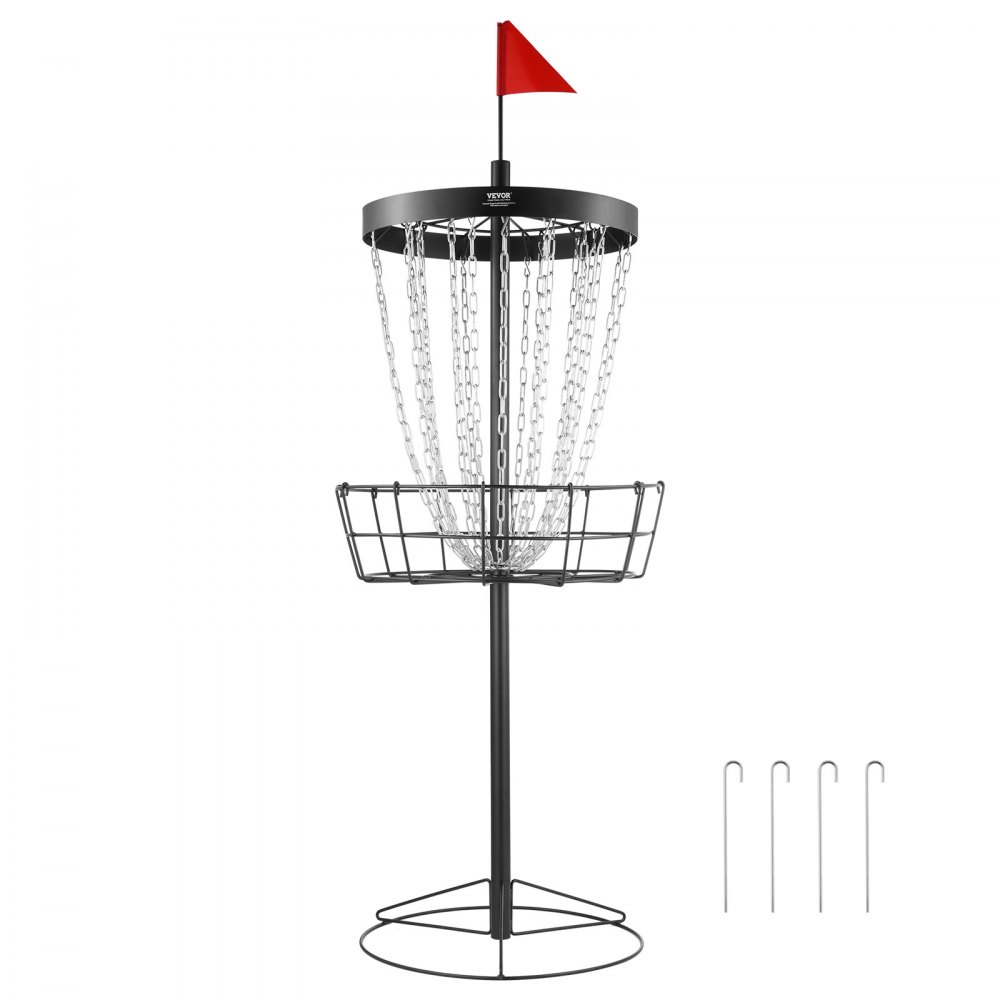 VEVOR disc golf basket with chains, red flag, and four ground stakes for stability.