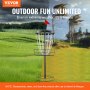 VEVOR disc golf basket in varied weather, set in scenic outdoor landscape.