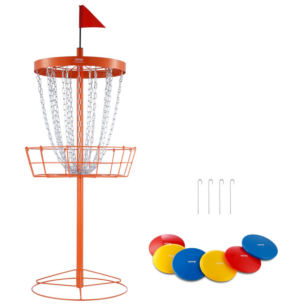 orange VEVOR disc golf basket with red flag, four ground stakes, and six colored discs.