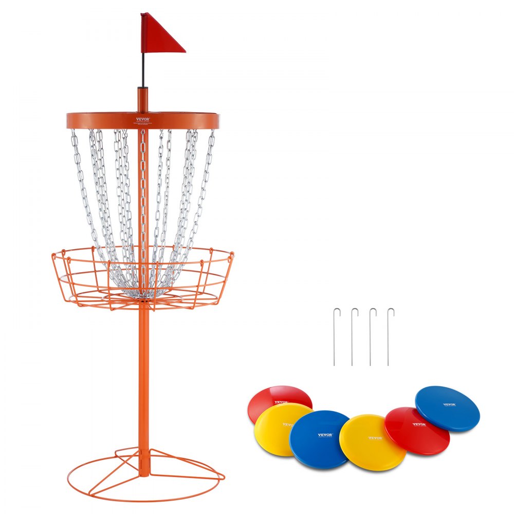 VEVOR Disc Golf Basket, draagbare discgolfset met 24 kettingen, stalen oefenstandaard voor discgolfmanden, professionele golfmandset voor buiten en binnen, inclusief 6 schijven, oranje