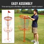 man assembling orange VEVOR disc golf basket outdoors; side illustration shows assembly parts.