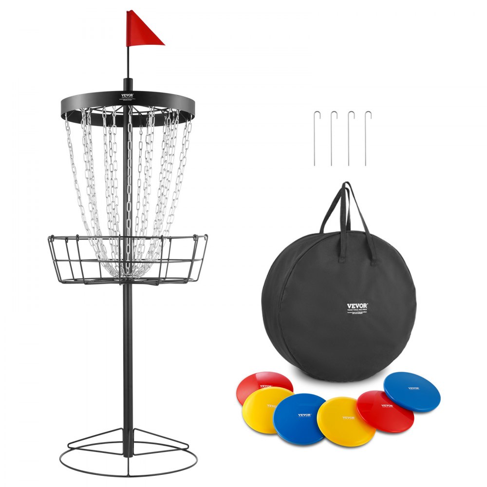 VEVOR disc golf basket set with discs, carrying bag, hooks, and a red flag on the basket.