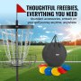 disc golf basket, disc set, bag, pegs, and text "thoughtful freebies, everything you need" on sports field.