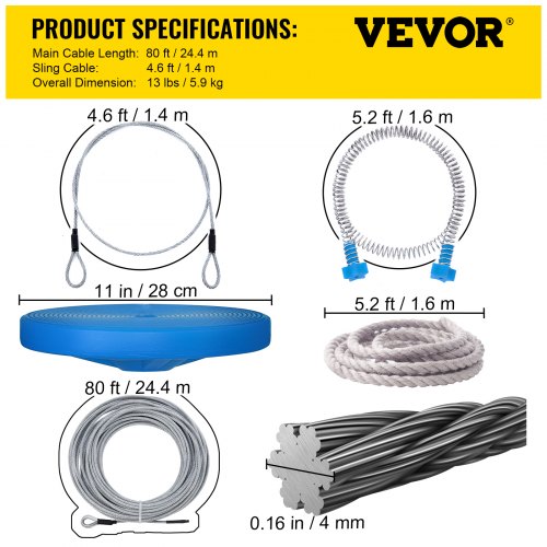 VEVOR Zipline Kit, 80Ft Achtertuin Zipline Kit, Zip Lines voor Kinderen en Volwassenen met 250lb Max Capaciteit, Zip Wire Kit met RVS Kabel, Zip String Speelgoed met Voorjaarsvakantie & Stalen Trolley