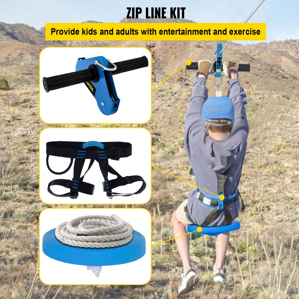 VEVOR Zipline Kit, 80Ft Achtertuin Zipline Kit, Zip Lines voor Kinderen en Volwassenen met 250lb Max Capaciteit, Zip Wire Kit met RVS Kabel, Zip String Speelgoed met Voorjaarsvakantie & Stalen Trolley