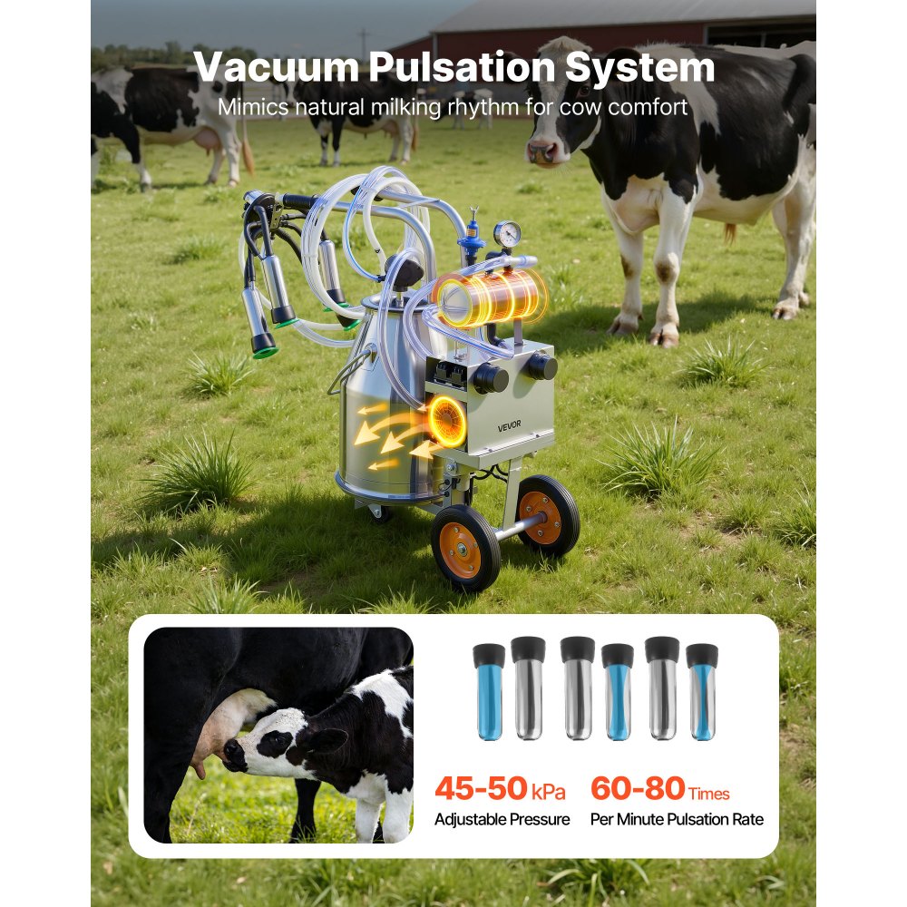 VEVOR Electric Cow Milking Machine, 6.6 Gal / 25 L 304 Stainless Steel Bucket, Food-Grade Teat Cups and Silicone Hose, Strong Suction, Vacuum Pulsation, Electric Milker Machine with Wheels for Cow