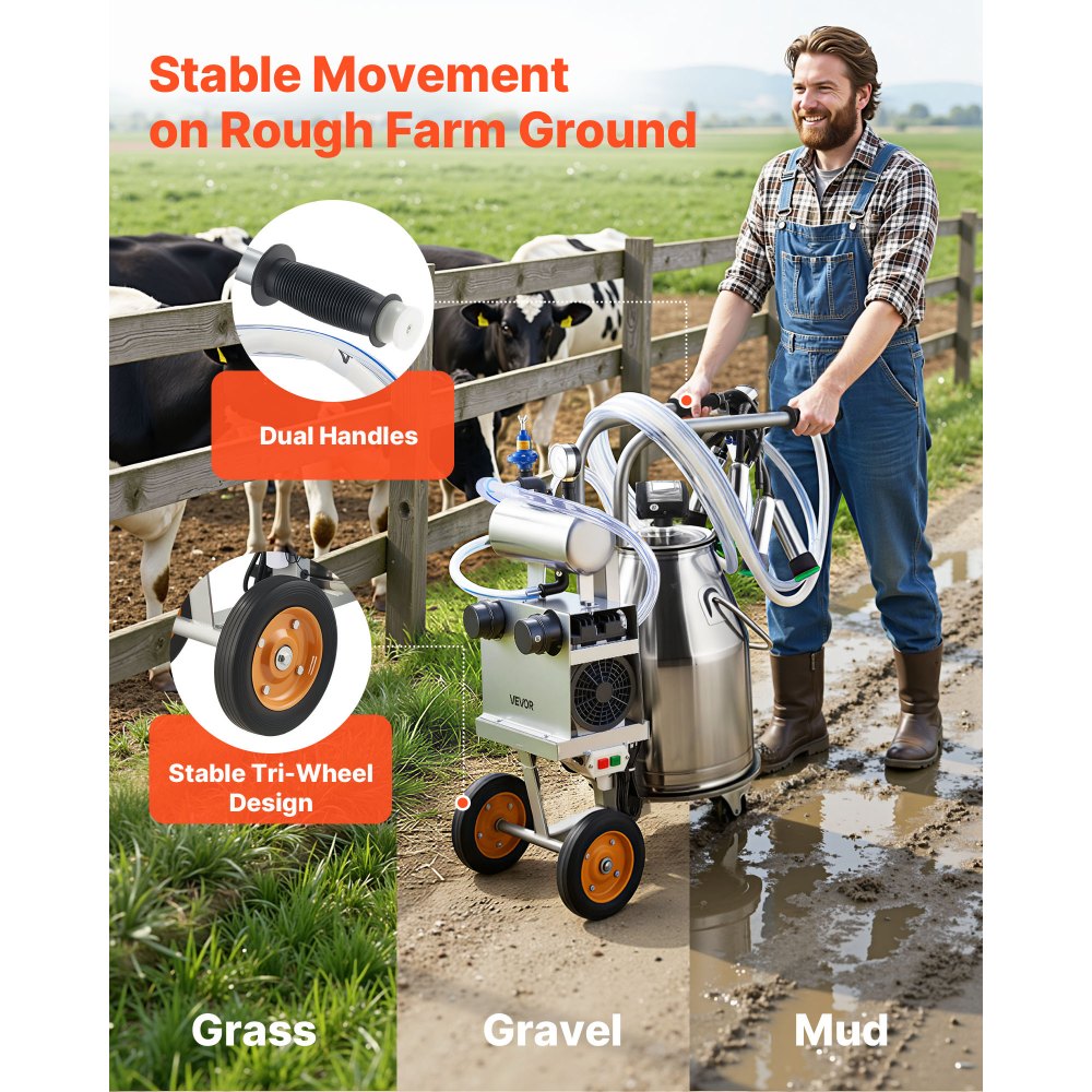 VEVOR Electric Cow Milking Machine, 6.6 Gal / 25 L 304 Stainless Steel Bucket, Food-Grade Teat Cups and Silicone Hose, Strong Suction, Vacuum Pulsation, Electric Milker Machine with Wheels for Cow