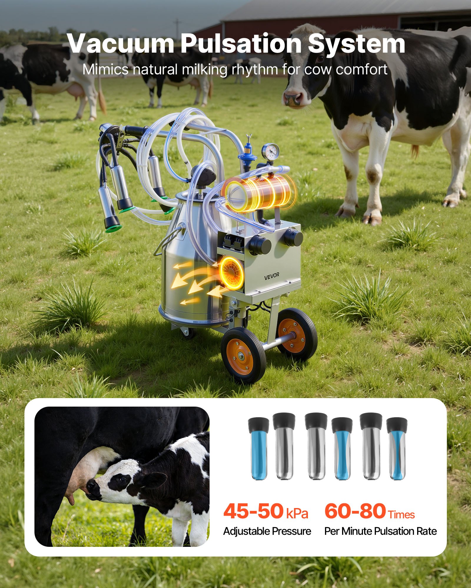 VEVOR Electric Cow Milking Machine, 6.6 Gal / 25 L 304 Stainless Steel Bucket, Food-Grade Teat Cups and Silicone Hose, Strong Suction, Vacuum Pulsation, Electric Milker Machine with Wheels for Cow