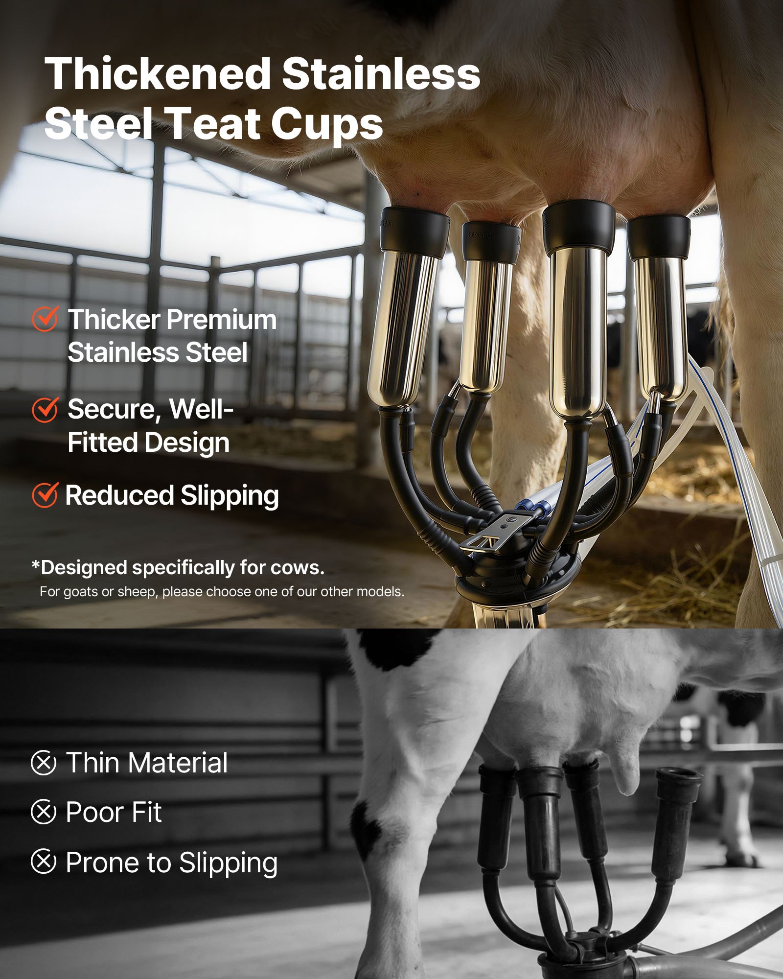 VEVOR Electric Cow Milking Machine, 6.6 Gal / 25 L 304 Stainless Steel Bucket, Food-Grade Teat Cups and Silicone Hose, Strong Suction, Vacuum Pulsation, Electric Milker Machine with Wheels for Cow