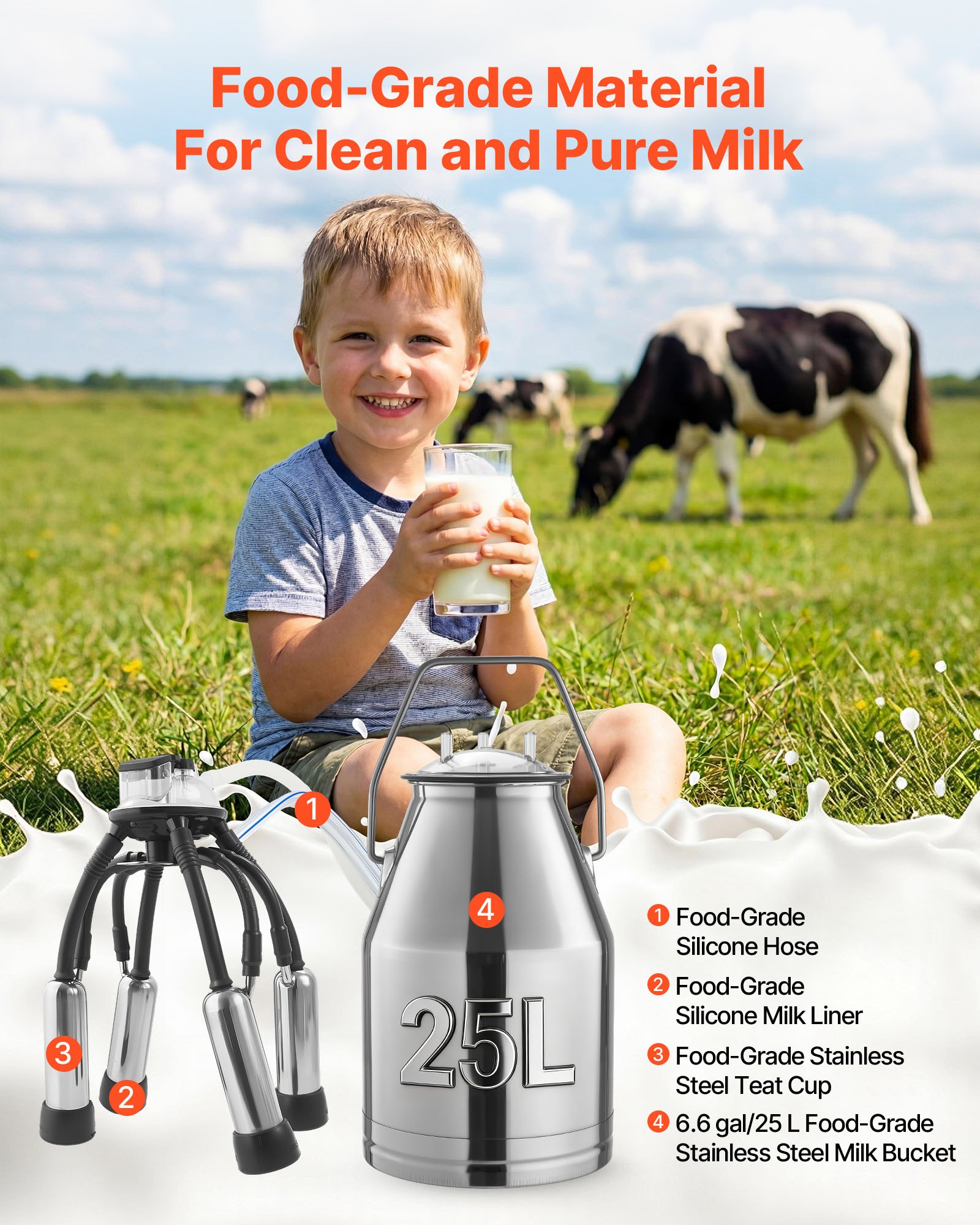VEVOR Electric Cow Milking Machine, 6.6 Gal / 25 L 304 Stainless Steel Bucket, Food-Grade Teat Cups and Silicone Hose, Strong Suction, Vacuum Pulsation, Electric Milker Machine with Wheels for Cow