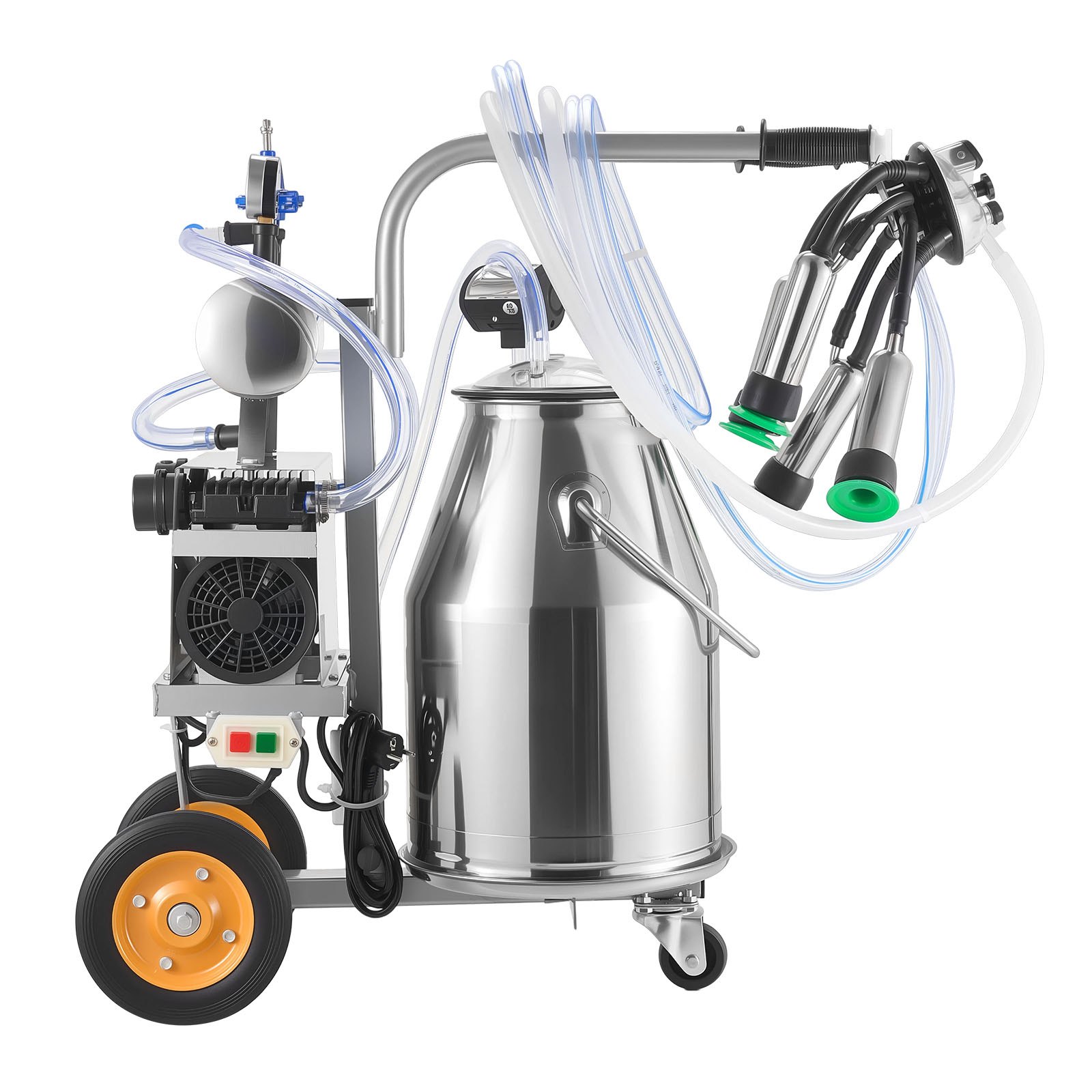 VEVOR Electric Cow Milking Machine, 6.6 Gal / 25 L 304 Stainless Steel Bucket, Food-Grade Teat Cups and Silicone Hose, Strong Suction, Vacuum Pulsation, Electric Milker Machine with Wheels for Cow