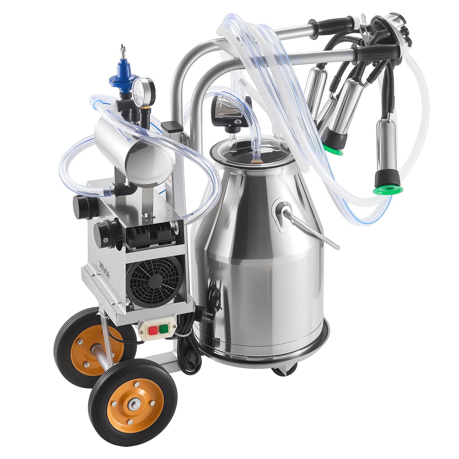 VEVOR Electric Cow Milking Machine, 6.6 Gal / 25 L 304 Stainless Steel Bucket, Food-Grade Teat Cups and Silicone Hose, Strong Suction, Vacuum Pulsation, Electric Milker Machine with Wheels for Cow