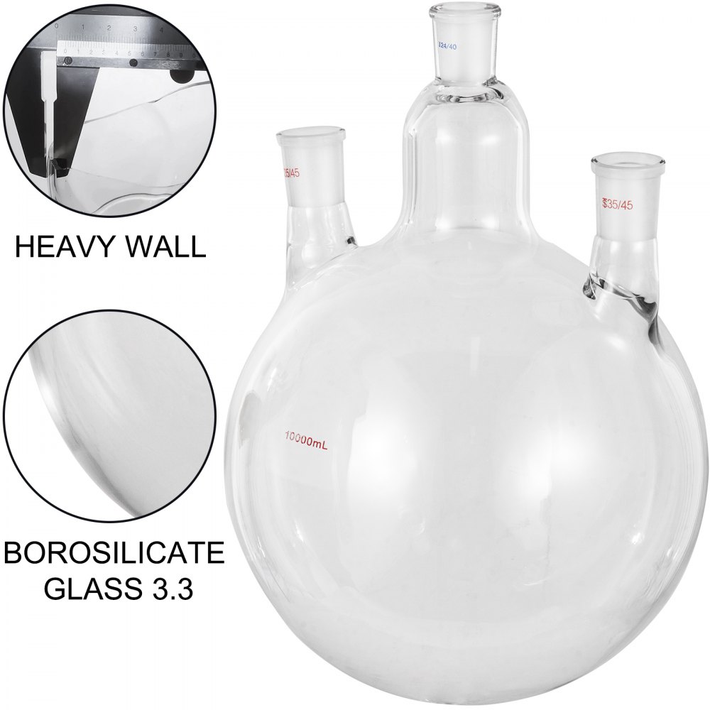 Vevor Ronde Bodem Flask Drie Halzen Glazen Kolf 3 Hals 10000 Ml Ronde Bodem Kolf