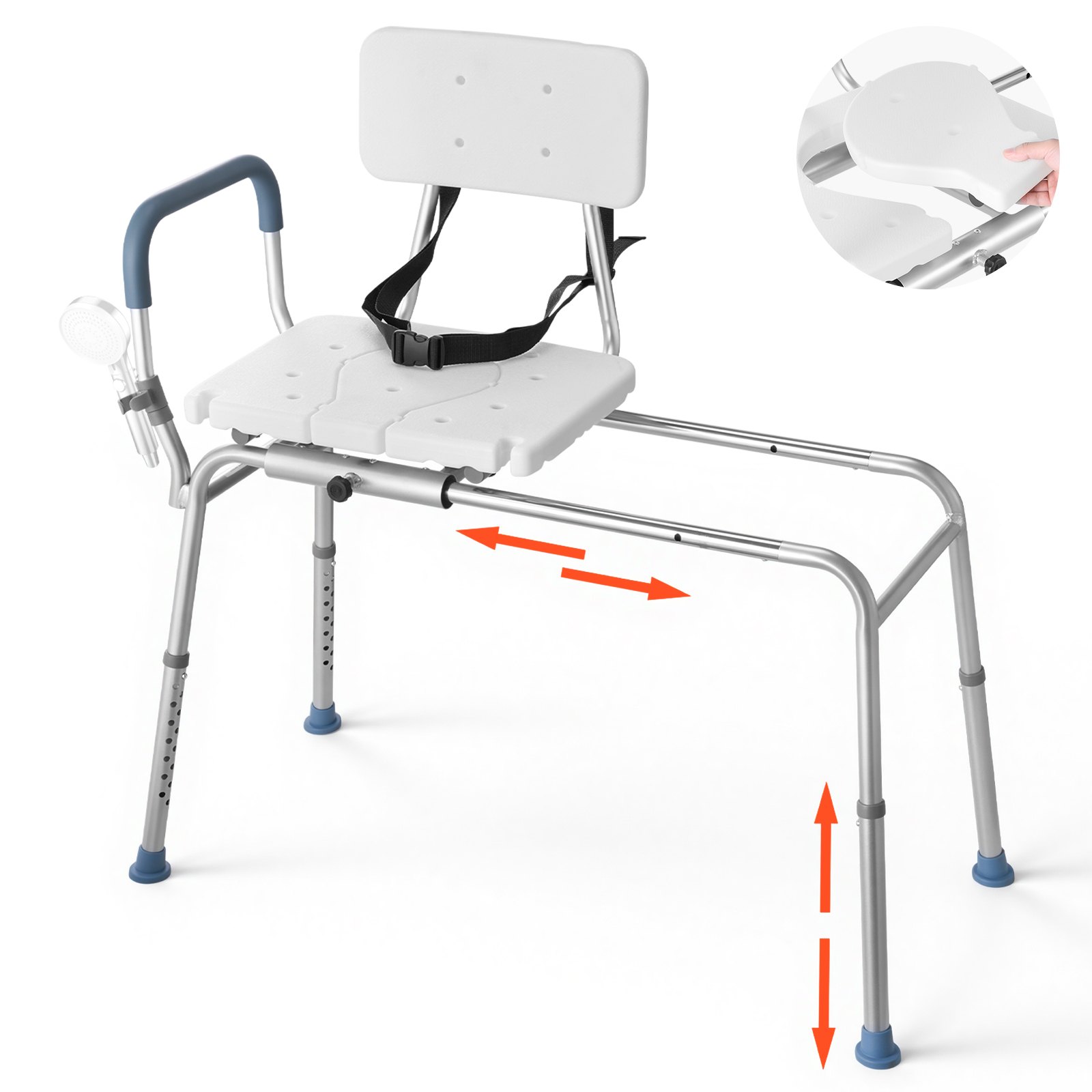 VEVOR Badkuip Transferbank met Schuifzitting, Draagvermogen 181 kg, In Hoogte Verstelbare Douchestoel met Armleuningen, Rugleuning, Veiligheidsgordel, Transferhulpmiddel voor Volwassenen met een Beperking, Senioren en Ouderen