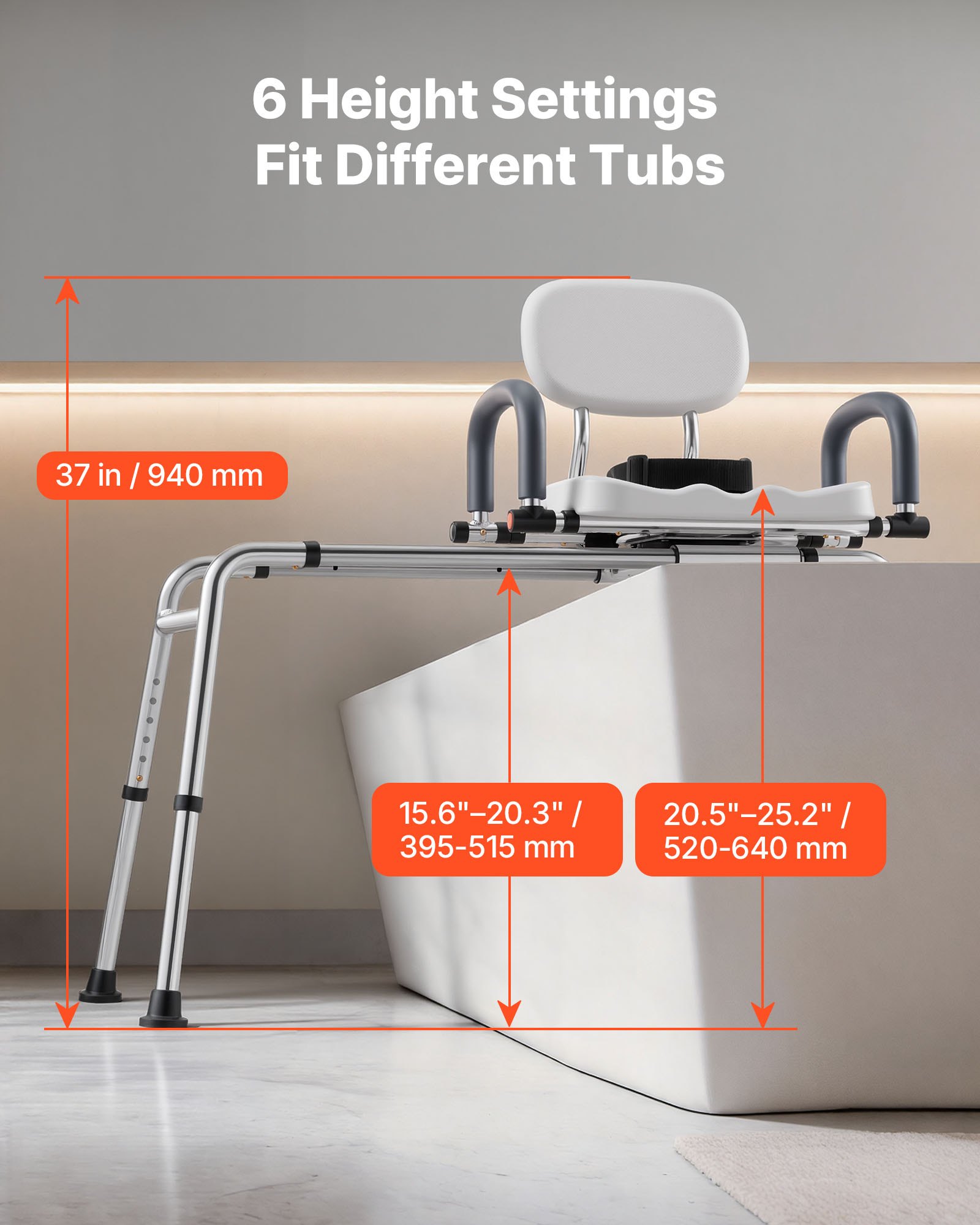 VEVOR Sliding Shower Chair, 400 lbs Tub Transfer Bench for Bathtub with Swivel Seat, Shower Bench with Pivoting Arms and Backrest, Height & Width Adjustable for Handicap, Seniors, Elderly and Disabled