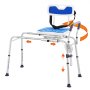 VEVOR sliding tub transfer bench with adjustable legs, blue seat, and backrest, safety belt, and arrows indicating movement.