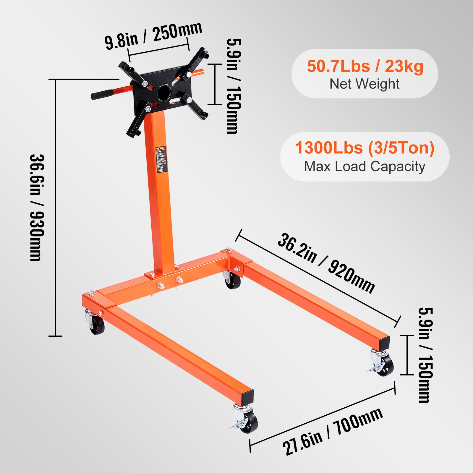 VEVOR Motorsteun, Motorhouder 590 kg, Motorsteun met klauwkrik en transmissiehouder, Motortakel voor autowerkplaatsen met 4 wielen en 508 mm handgreep, Draagbare motortakels en kranen, Gereedschap voor motorreparatie