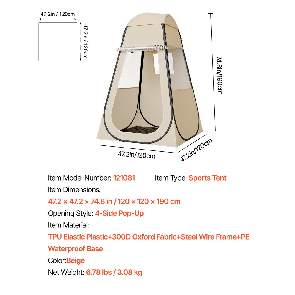 VEVOR Sporttent, 1200 x 1200 x 1900 mm, Pop-up tent voor 1 persoon, buitentent met grondmat en hoes, kampeerschuilplaats voor evenementen, vissen, feesten