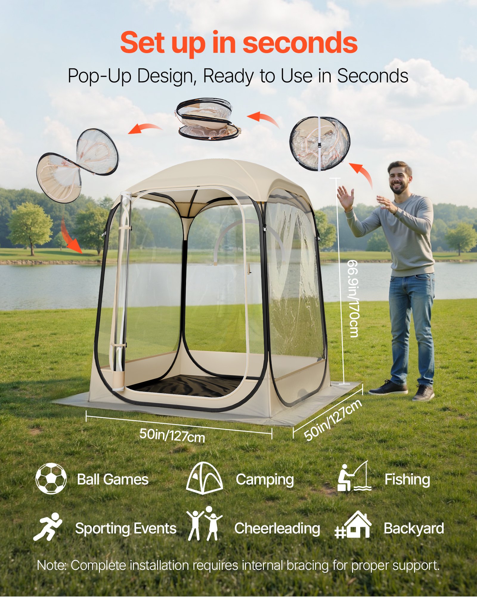 VEVOR Transparante Tent, 127x127x170 cm, Pop-up Tent voor 1-2 Personen, Sporttent met Grondmat & Dakzeil, Bubble Tent voor Buiten, Campingtent voor Evenementen, Vissen, Feesten