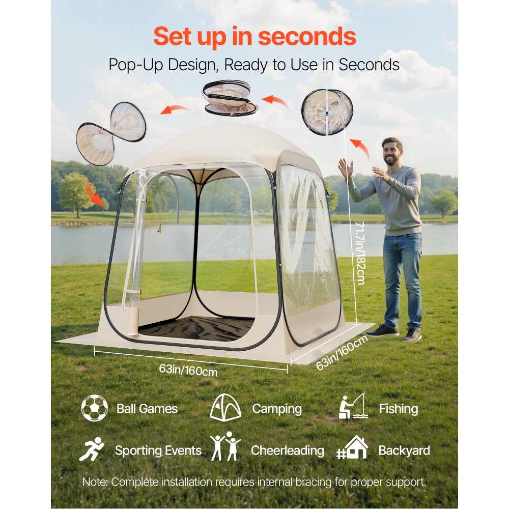 VEVOR Pop up Sports Tent, 63x63 in Clear Bubble Tent for 2-4 Persons, Waterproof Outdoor Pod with Floor Mat & Top Cover, Garden Igloo Dome Tents Camping Shelter for Events Fishing Cheering