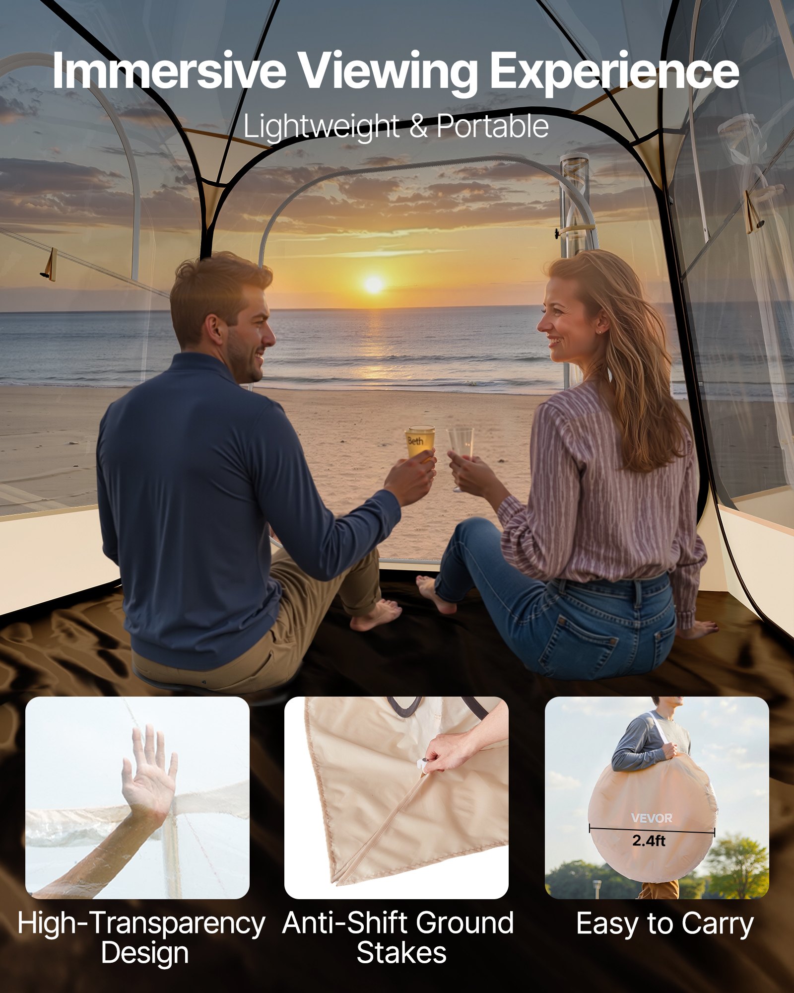 VEVOR Transparante tent, 183x183x195 cm, pop-up tent voor 5-6 personen, sporttent met grondmat en bovenzeil, buitenbubbeltent, kampeerschuilplaats voor evenementen, vissen, feesten