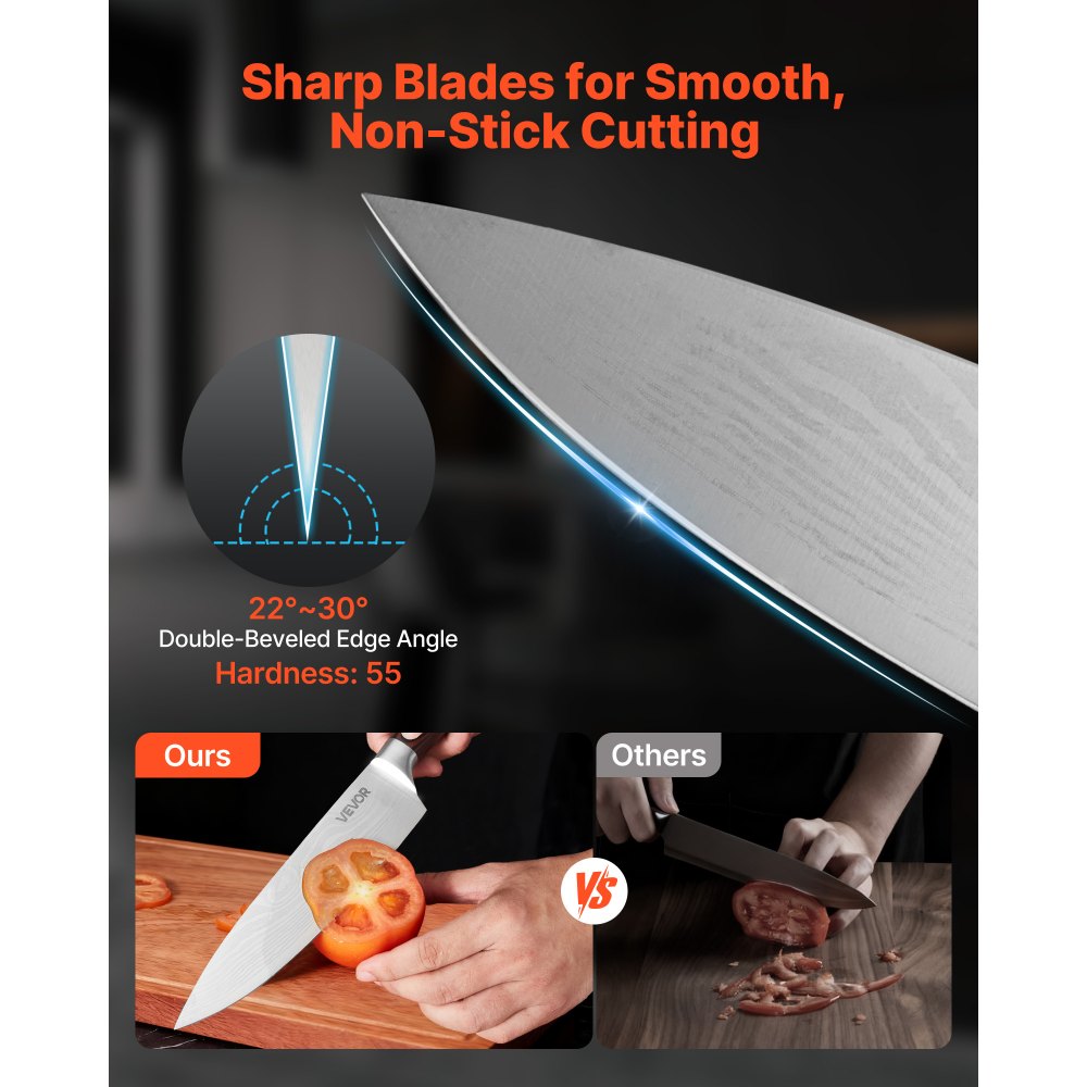 VEVOR Keukenmessenset met messenblok (hout) en slijpstaal, 15-delige messenset, scherpe messen gemaakt van hoogwaardig roestvrij staal met hoog koolstofgehalte, keukenbestek met ergonomische handgreep, voor thuisgebruik