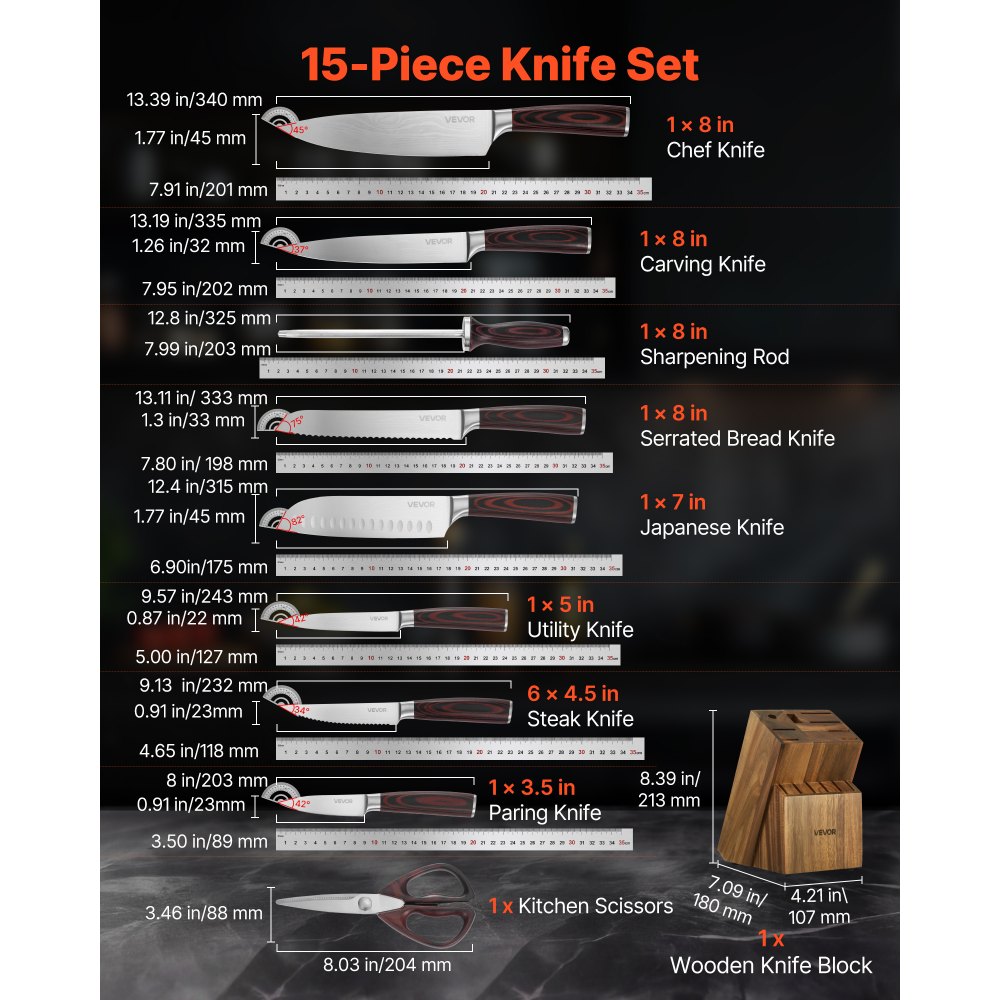 VEVOR Kitchen Knife Set with Block and Sharpener, 15 Piece High Carbon Stainless Steel Knife Set, Rust-Resistant Kitchen Cutlery with Ergonomic Handle, Sharpening Rod & Premium Wooden Block, for Home