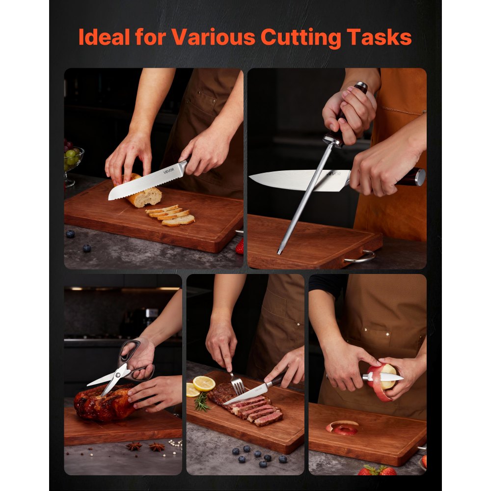 VEVOR Kitchen Knife Set with Block and Sharpener, 15 Piece High Carbon Stainless Steel Knife Set, Rust-Resistant Kitchen Cutlery with Ergonomic Handle, Sharpening Rod & Premium Wooden Block, for Home