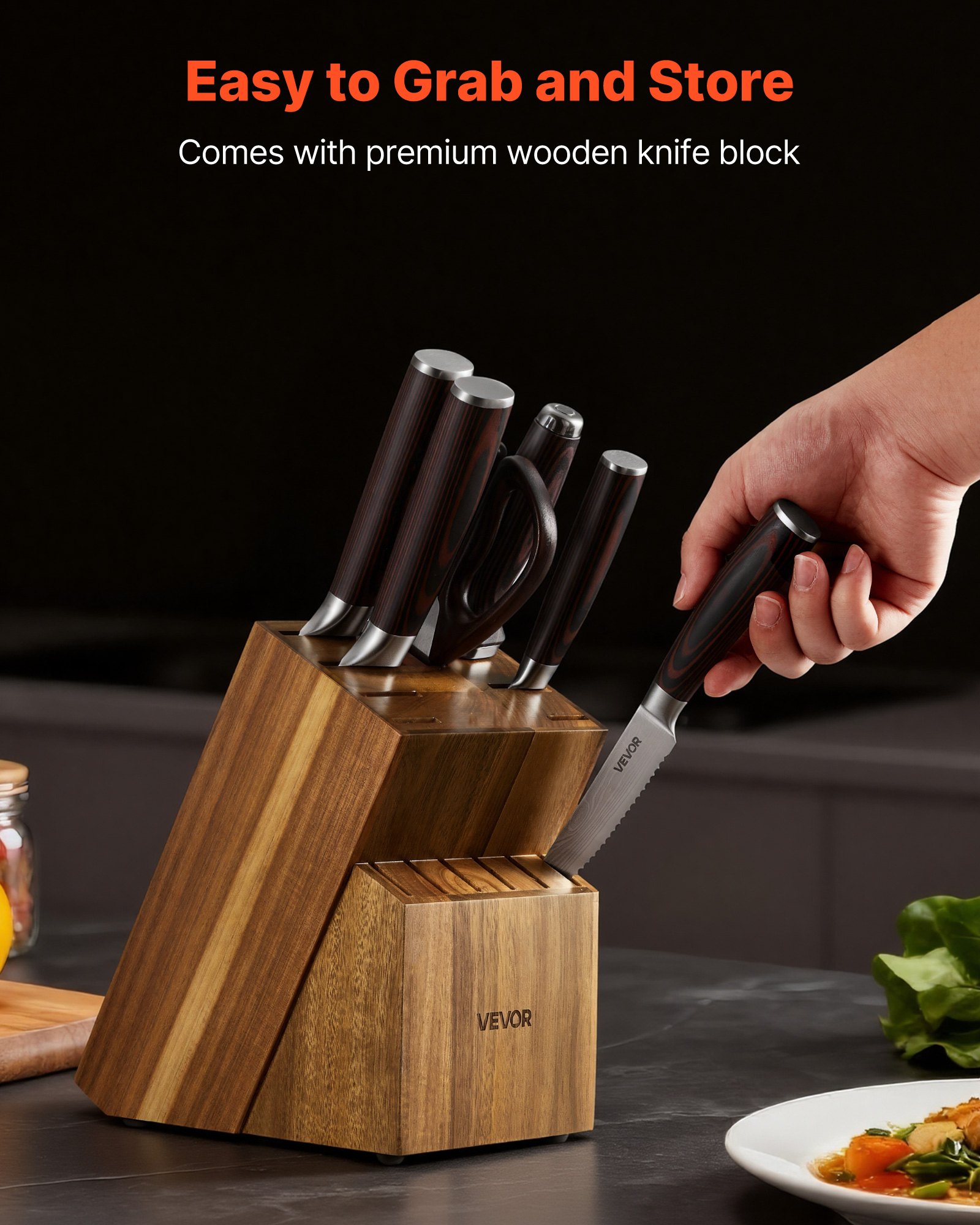 VEVOR Kitchen Knife Set with Block and Sharpener, 15 Piece High Carbon Stainless Steel Knife Set, Rust-Resistant Kitchen Cutlery with Ergonomic Handle, Sharpening Rod & Premium Wooden Block, for Home