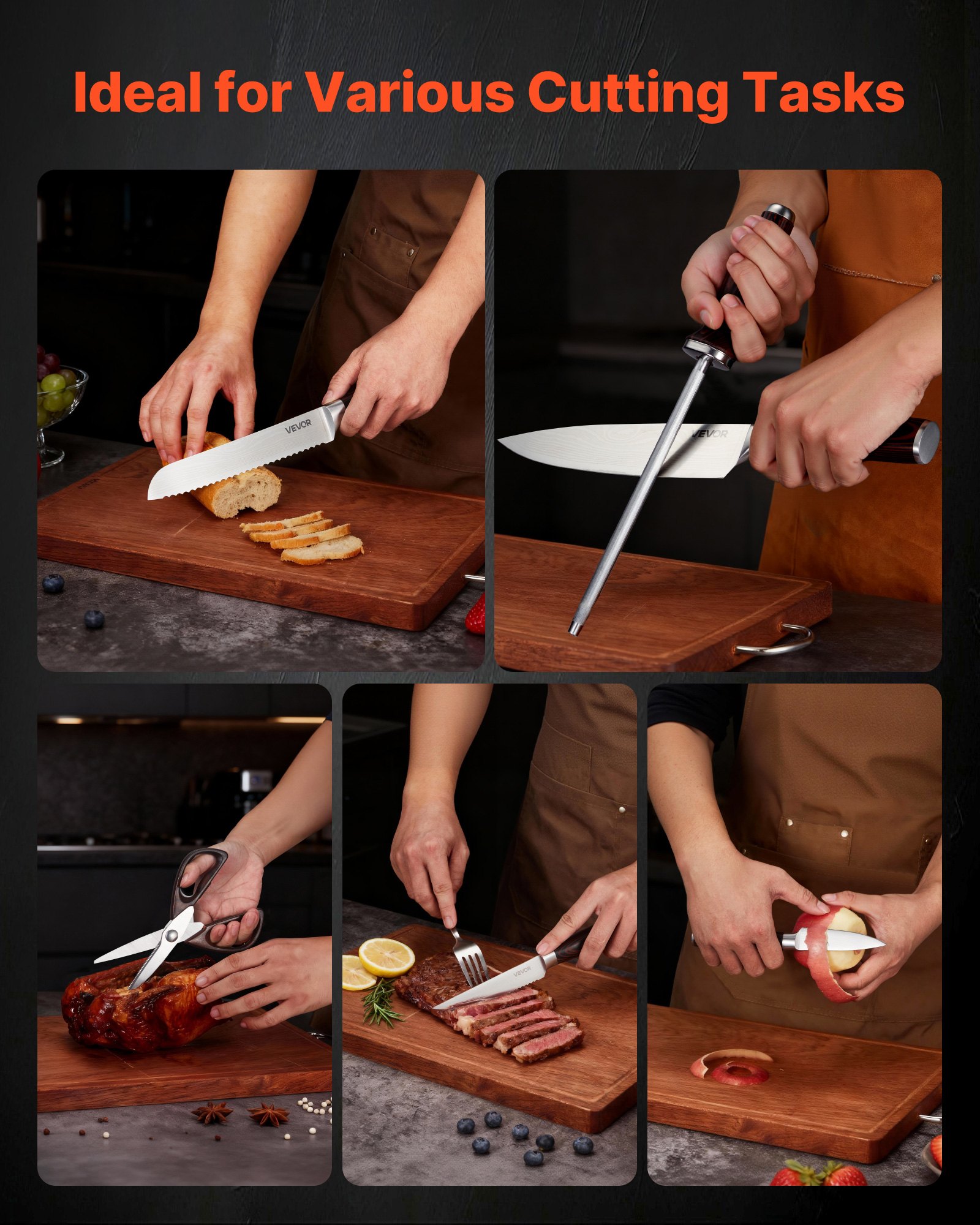 VEVOR Kitchen Knife Set with Block and Sharpener, 15 Piece High Carbon Stainless Steel Knife Set, Rust-Resistant Kitchen Cutlery with Ergonomic Handle, Sharpening Rod & Premium Wooden Block, for Home