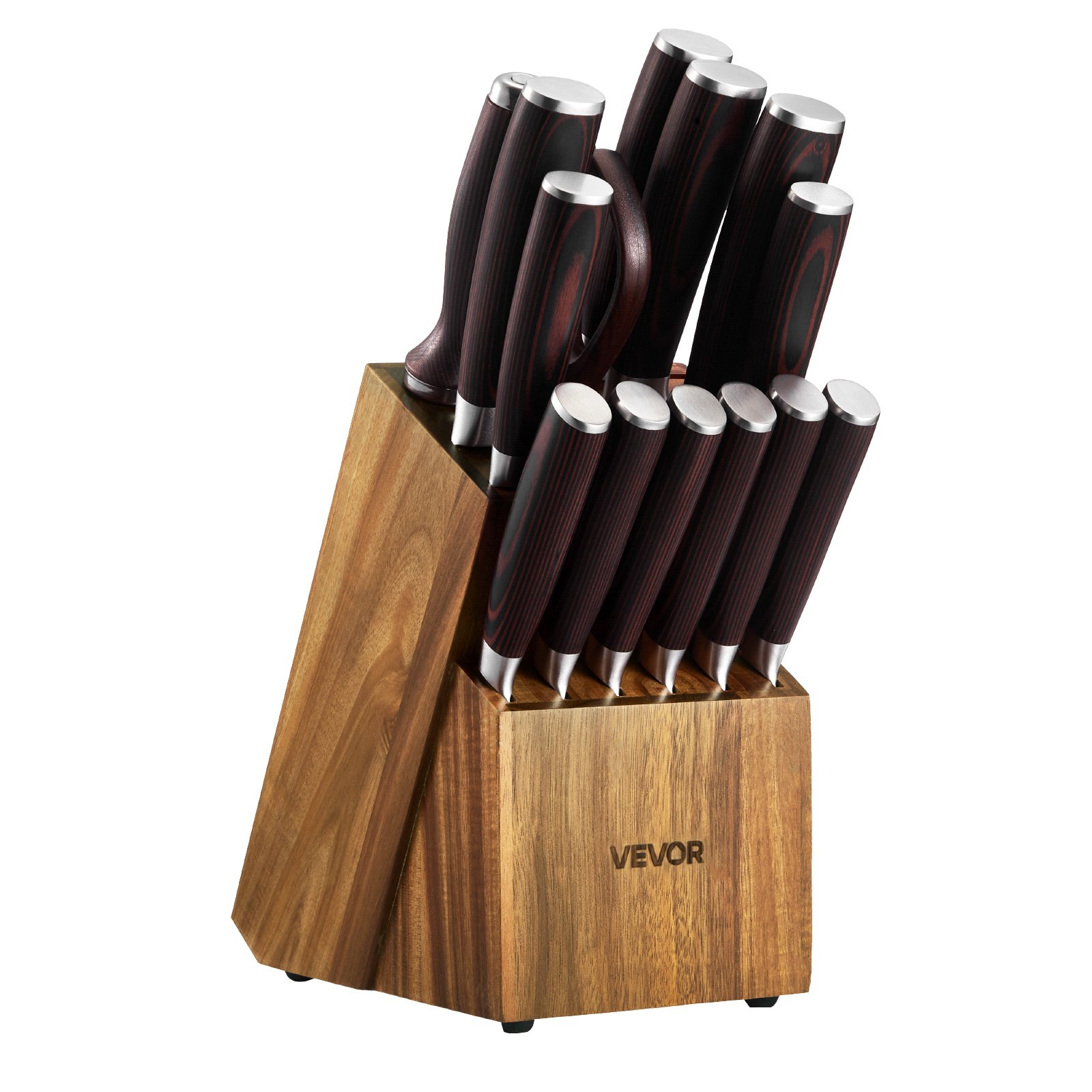 VEVOR Kitchen Knife Set with Block and Sharpener, 15 Piece High Carbon Stainless Steel Knife Set, Rust-Resistant Kitchen Cutlery with Ergonomic Handle, Sharpening Rod & Premium Wooden Block, for Home