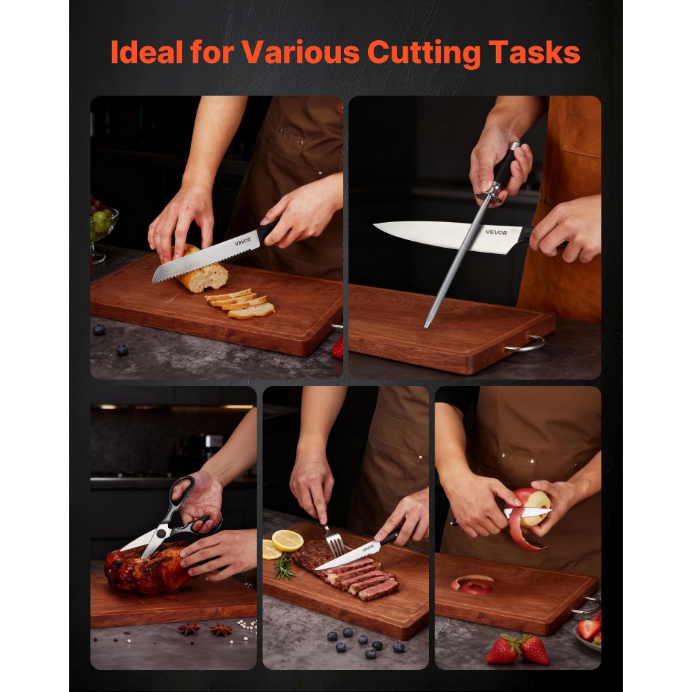 VEVOR Kitchen Knife Set with Block and Sharpener, 15 Piece High Carbon Stainless Steel Sharp Knife Set, Kitchen Cutlery with Ergonomic Handle, Sharpening Rod and Premium Wooden Block, for Home Cooks