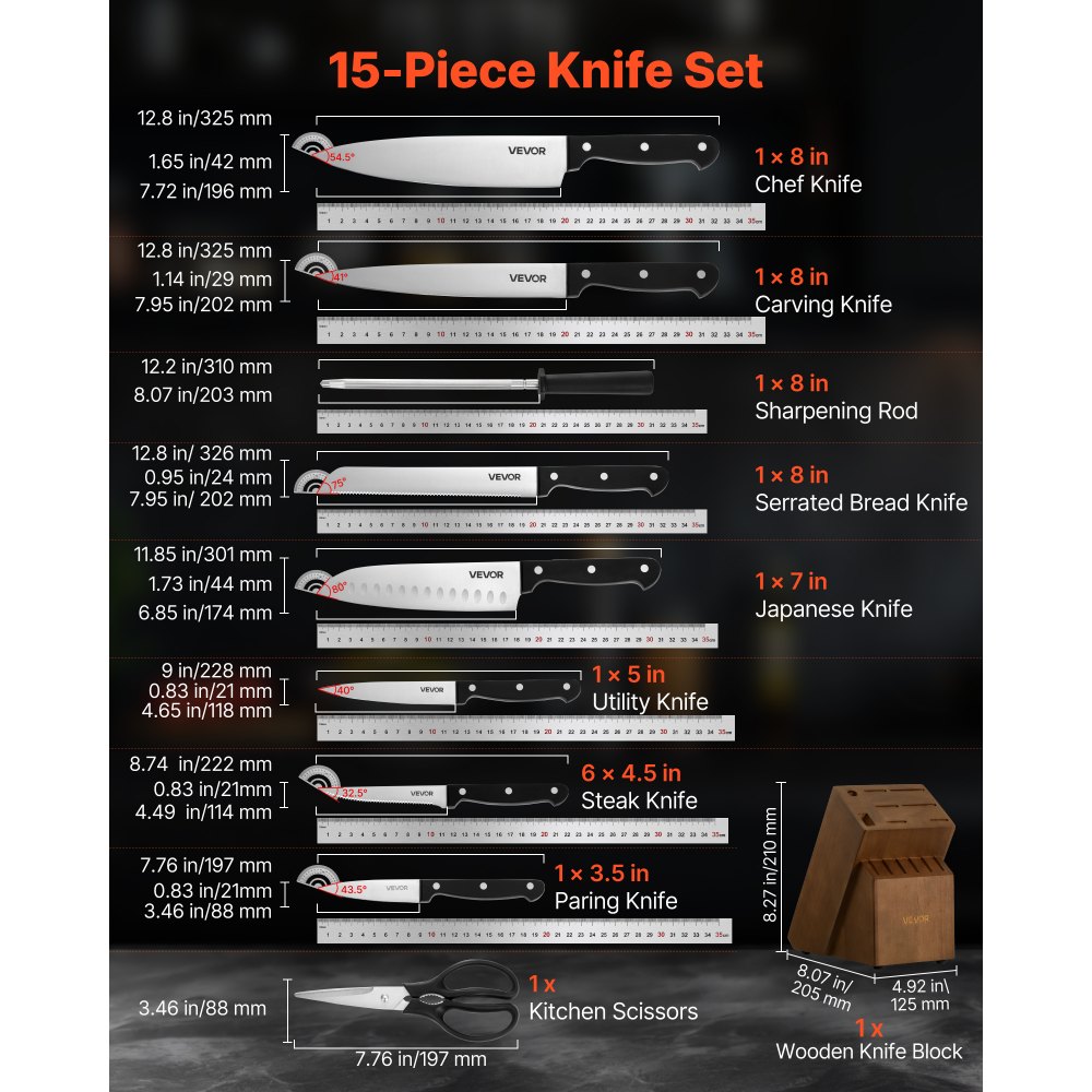 VEVOR Kitchen Knife Set with Block and Sharpener, 15 Piece German High Carbon Stainless Steel Knife Set, Kitchen Cutlery with ABS Ergonomic Handle, Sharpening Rod and Wooden Block, for Home Cooks
