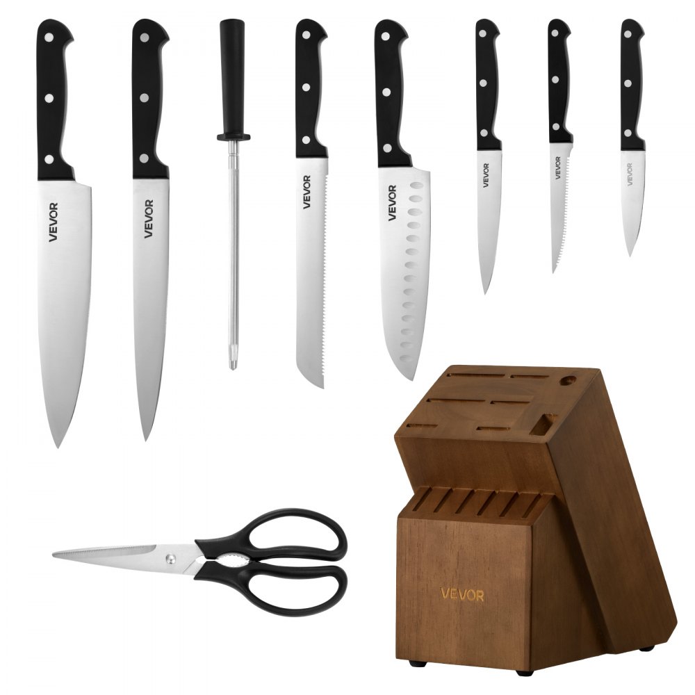 VEVOR Kitchen Knife Set with Block and Sharpener, 15 Piece German High Carbon Stainless Steel Knife Set, Kitchen Cutlery with ABS Ergonomic Handle, Sharpening Rod and Wooden Block, for Home Cooks