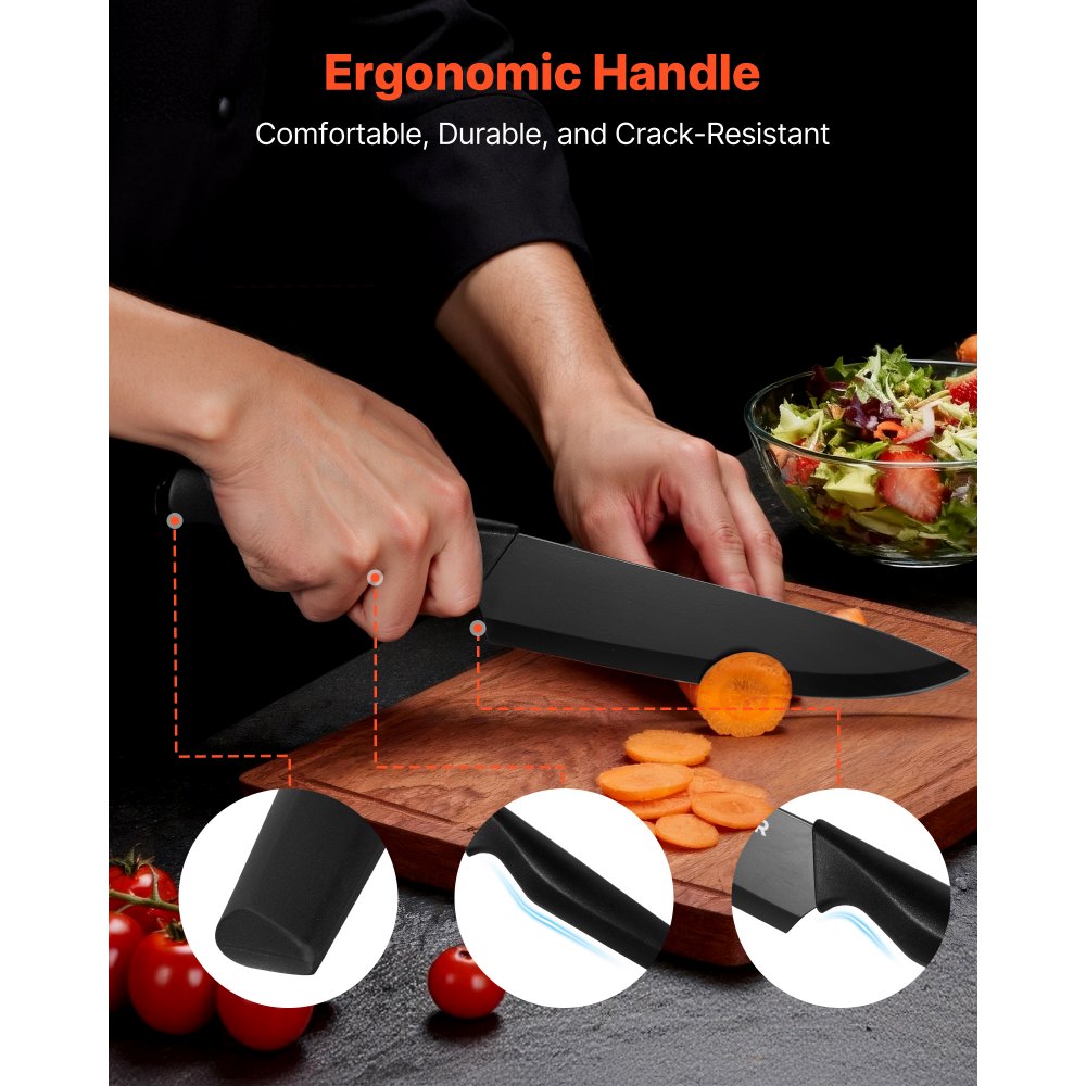 VEVOR Kitchen Knife Set with Block and Sharpener, 15 Piece German High Carbon Stainless Steel Knife Set, Kitchen Cutlery with PP Ergonomic Handle, Sharpening Rod and Wooden Block, for Home Cooks