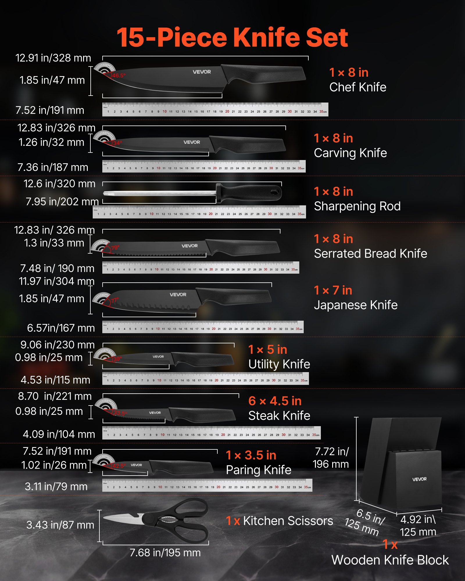 VEVOR Kitchen Knife Set with Block and Sharpener, 15 Piece German High Carbon Stainless Steel Knife Set, Kitchen Cutlery with PP Ergonomic Handle, Sharpening Rod and Wooden Block, for Home Cooks