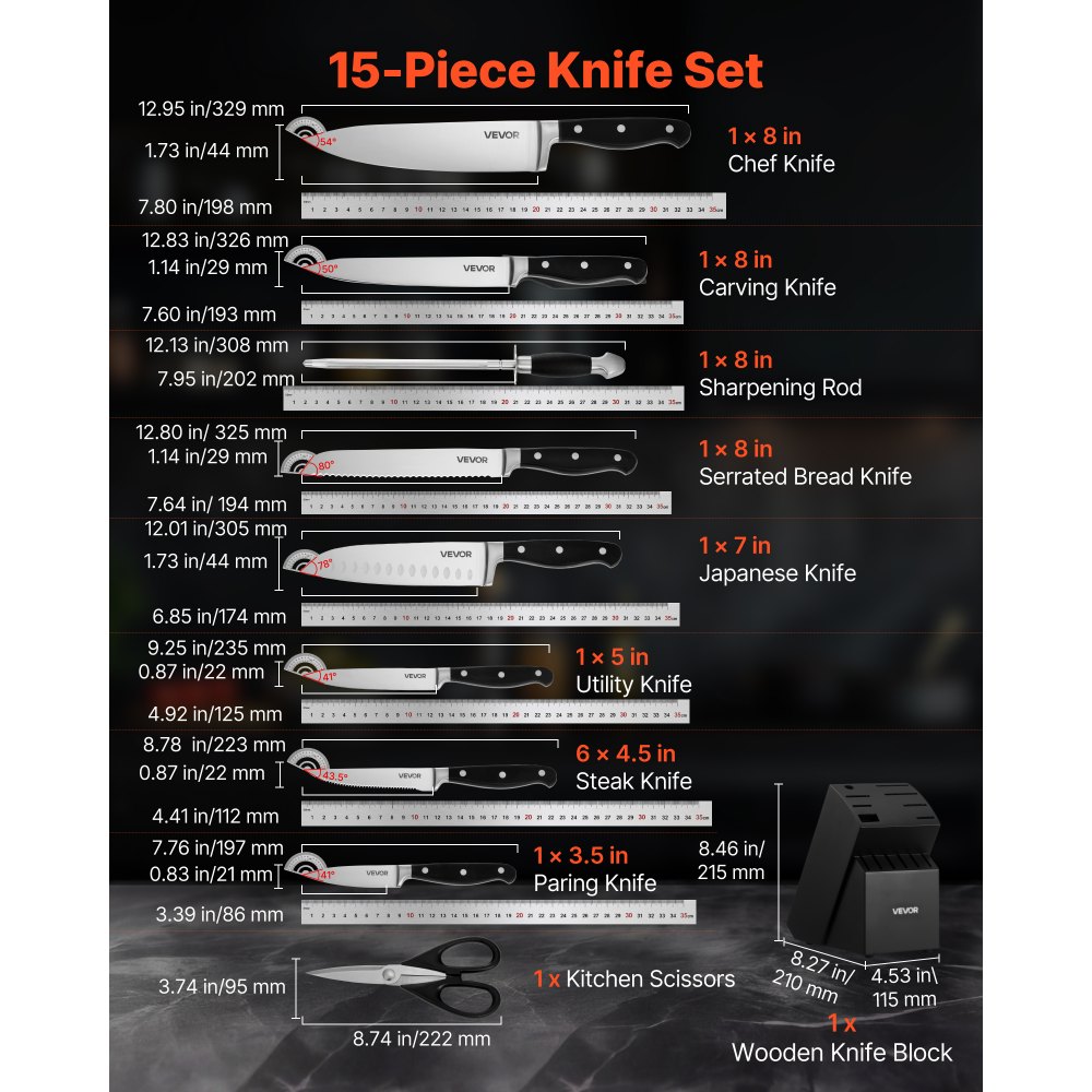 VEVOR Kitchen Knife Set with Block and Sharpener, 15 Piece High Carbon Stainless Steel Sharp Knife Set, Kitchen Cutlery with Crack-Resistant Handle, Sharpening Rod and Wooden Block, for Home Cooks