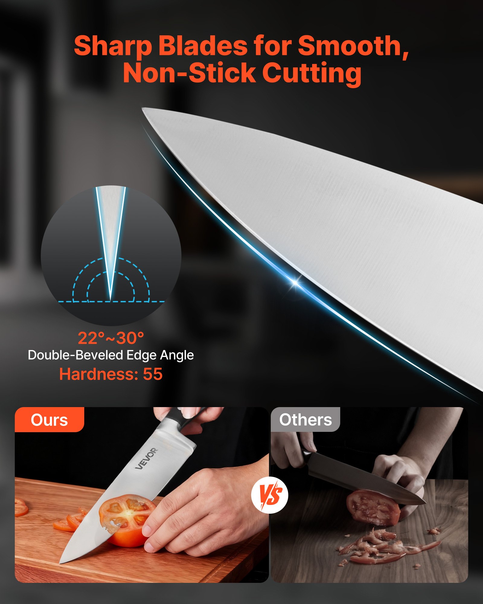 VEVOR Kitchen Knife Set with Block and Sharpener, 15 Piece High Carbon Stainless Steel Sharp Knife Set, Kitchen Cutlery with Crack-Resistant Handle, Sharpening Rod and Wooden Block, for Home Cooks