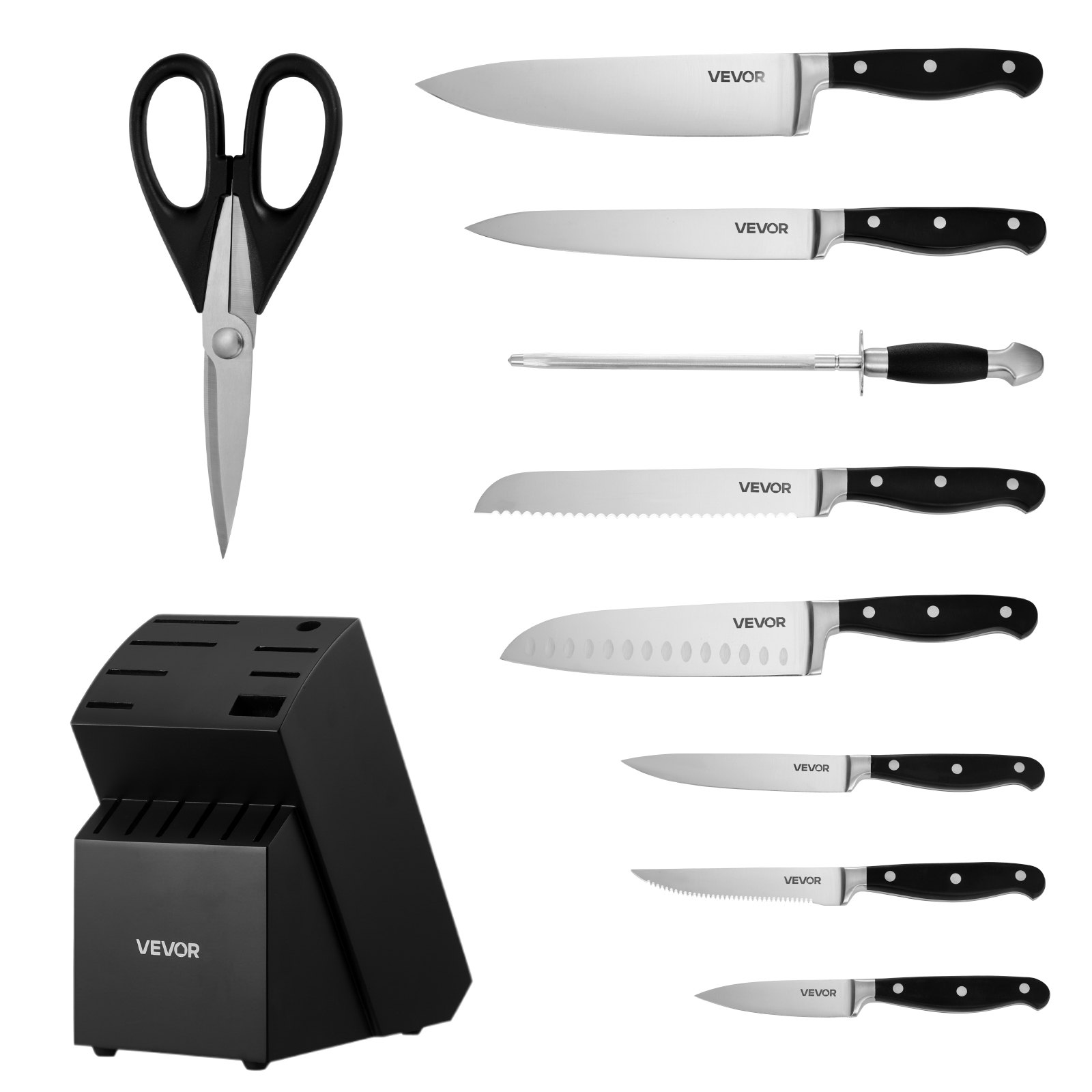 VEVOR Kitchen Knife Set with Block and Sharpener, 15 Piece High Carbon Stainless Steel Sharp Knife Set, Kitchen Cutlery with Crack-Resistant Handle, Sharpening Rod and Wooden Block, for Home Cooks