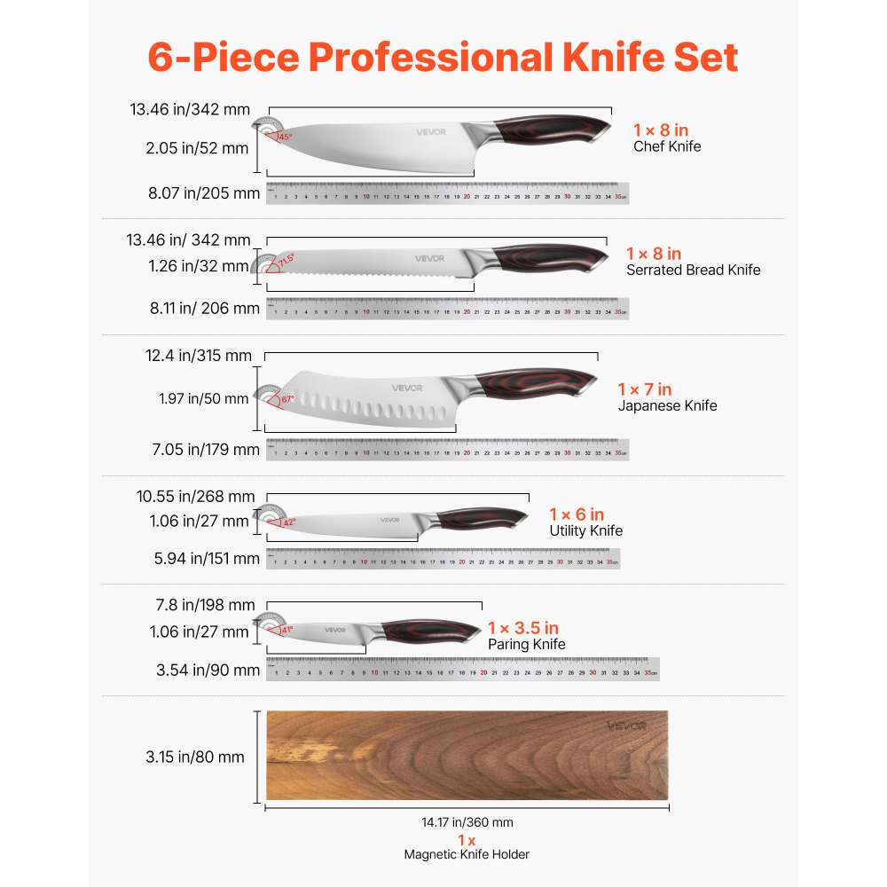 VEVOR Kitchen Knife Set, 6 Piece High Carbon Stainless Steel Sharp Knife Set, Professional Kitchen Cutlery with Ergonomic Crack-Resistant Handle, and Walnut Finish Powerful Magnetic Knives Holder