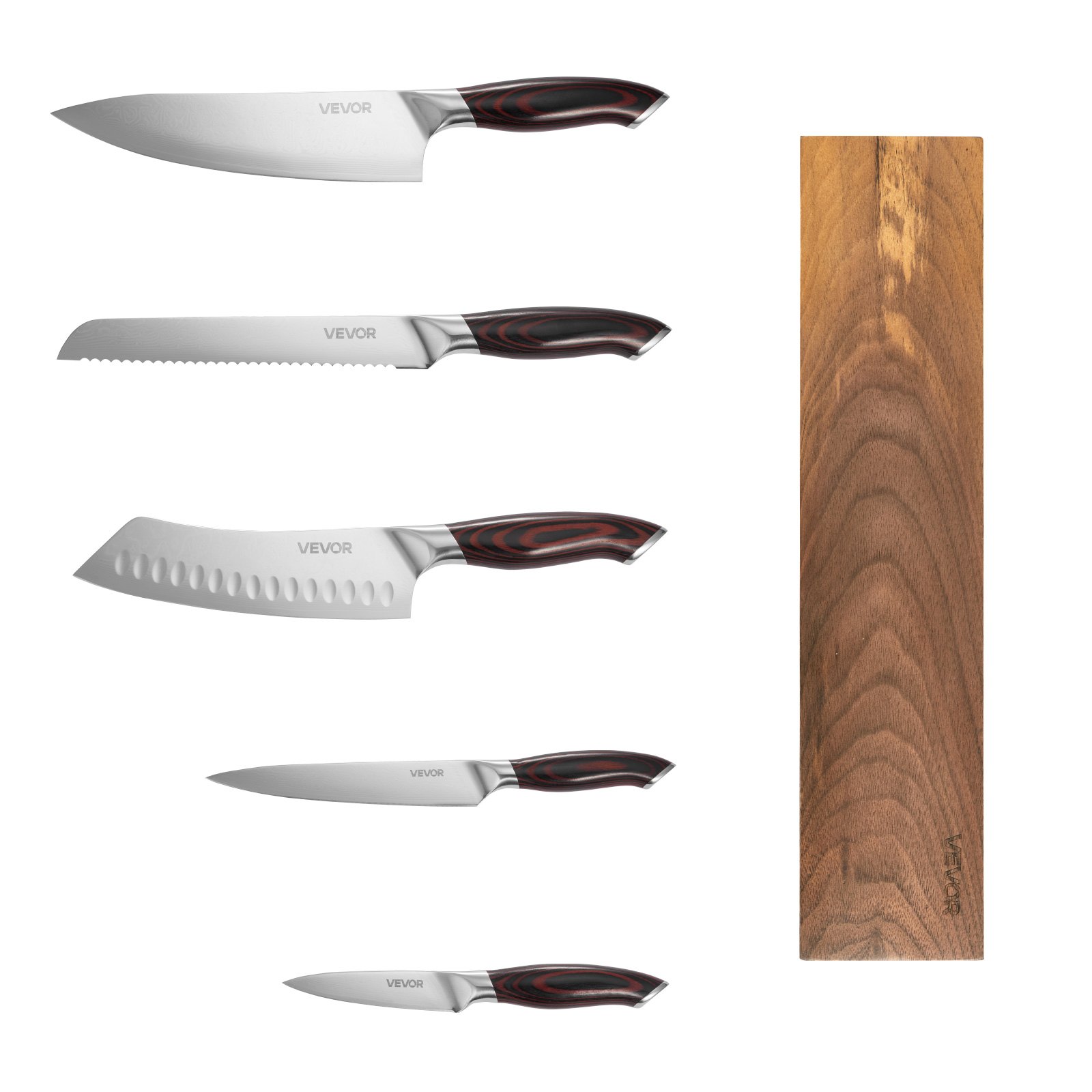 VEVOR Kitchen Knife Set, 6 Piece High Carbon Stainless Steel Sharp Knife Set, Professional Kitchen Cutlery with Ergonomic Crack-Resistant Handle, and Walnut Finish Powerful Magnetic Knives Holder