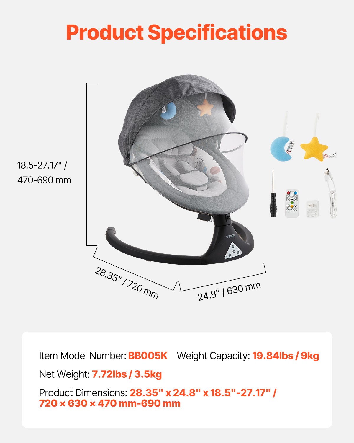 VEVOR Baby Swing, 5-Speed Baby Rocker Swing with 3 Seat Positions, Portable Infant Swing with PVC Touch Panel, Remote Control, Bluetooth, 10 Lullabies & Mosquito Net for 0-9 Months/0-20 lbs Newborns